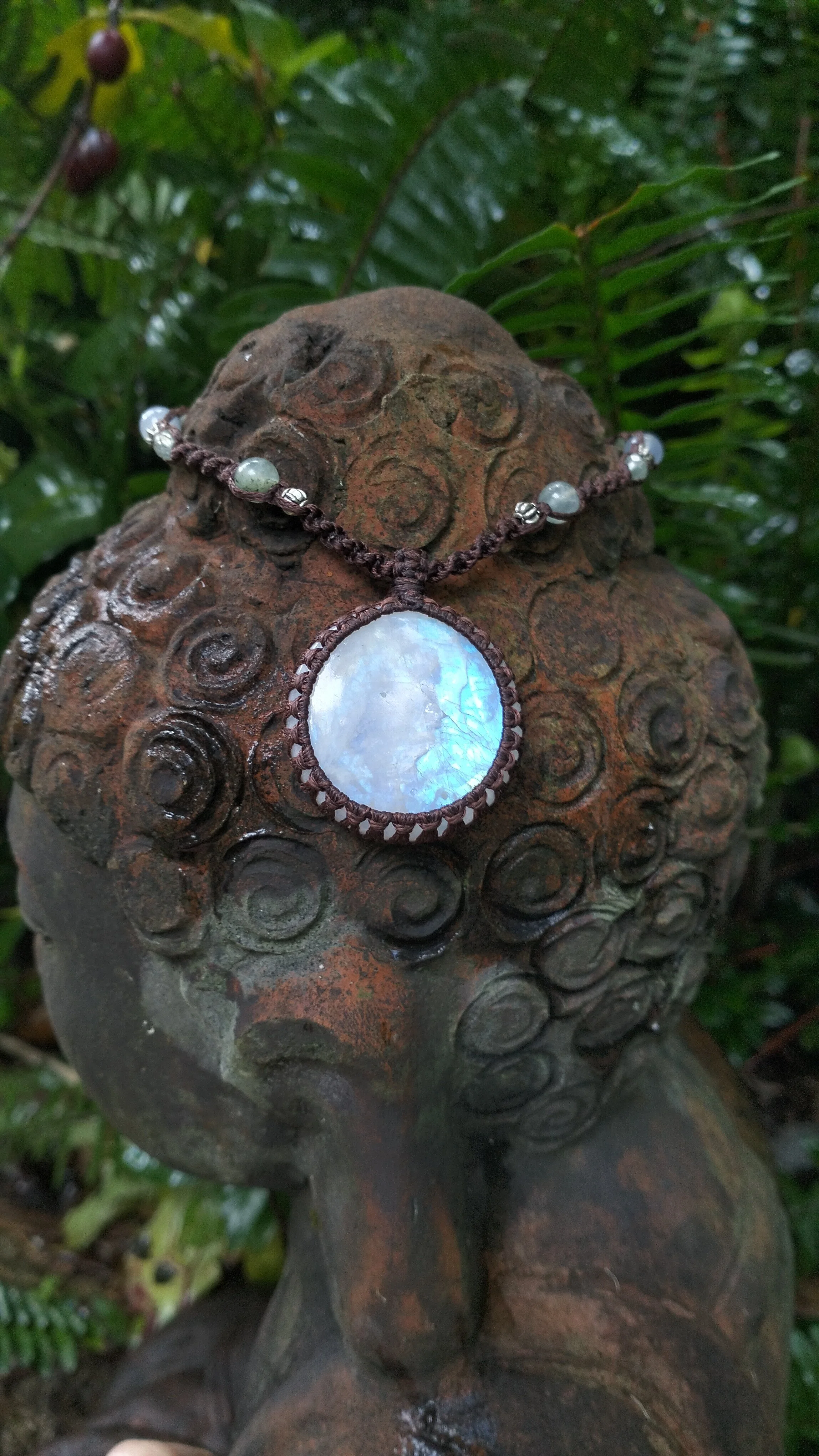 Rainbow Moonstone Round Pendant Necklace with Prehnite, Green Garnet & Agate