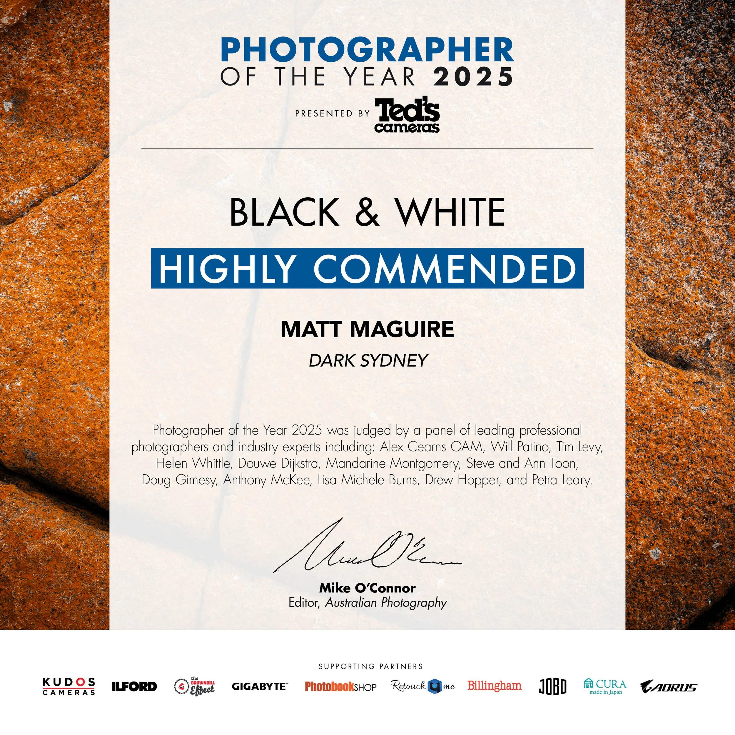 Certificate award for 'Photographer of the Year 2025' presented by Ted's Cameras to Matt Maguire for black and white highly commended photograph 'Dark Sydney', signed by Mike O'Connor, editor of Australian Photography, with logos of sponsors at the bottom.