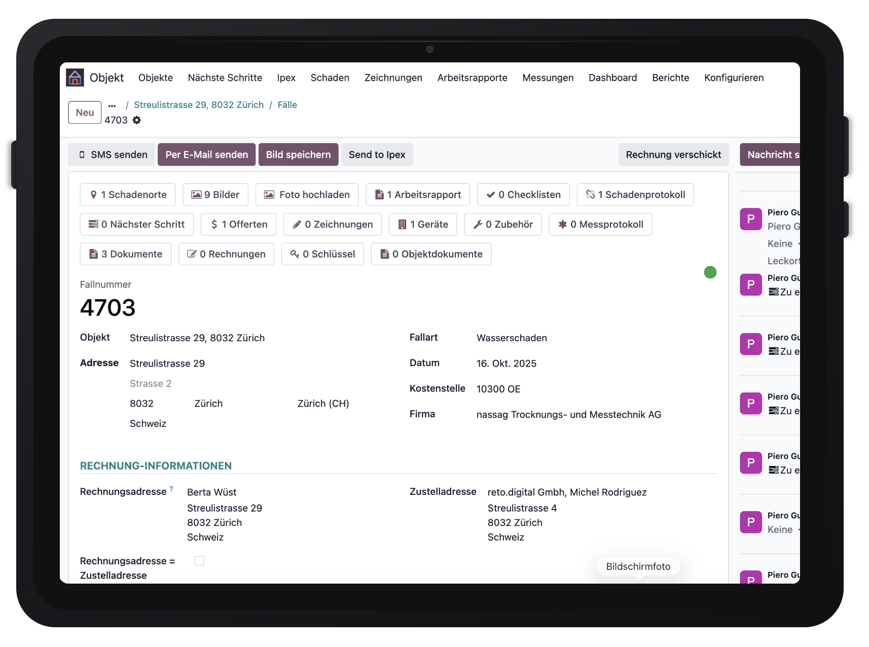 Übersicht eines Schadensfalls in einer Software, zeigt Adresse, Fallnummer, Datum, Kostenstelle und Firmenname für eine Wasserschaden-Meldung in Zürich.
