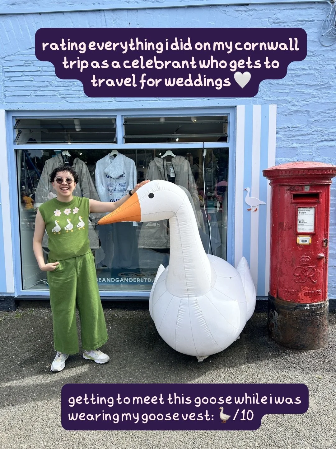 Rating everything I did on my Cornwall trip as a celebrant who gets to travel for weddings 🤍

First off, this inflatable goose in front of Goose &amp; Gander in Padstow. I was wearing my own goose vest (bought from @jesswashere.studio + one of my ne