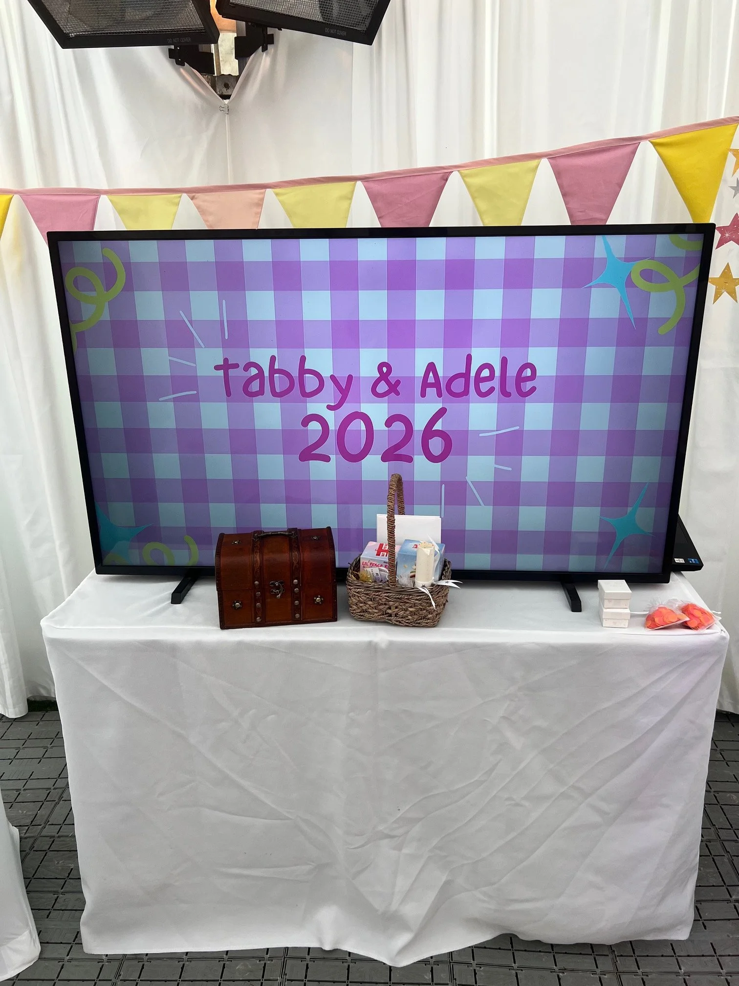 A screen showing a slide that has a pink gingham background and the words "Tabby & Adele 2026" on it in a playful font.