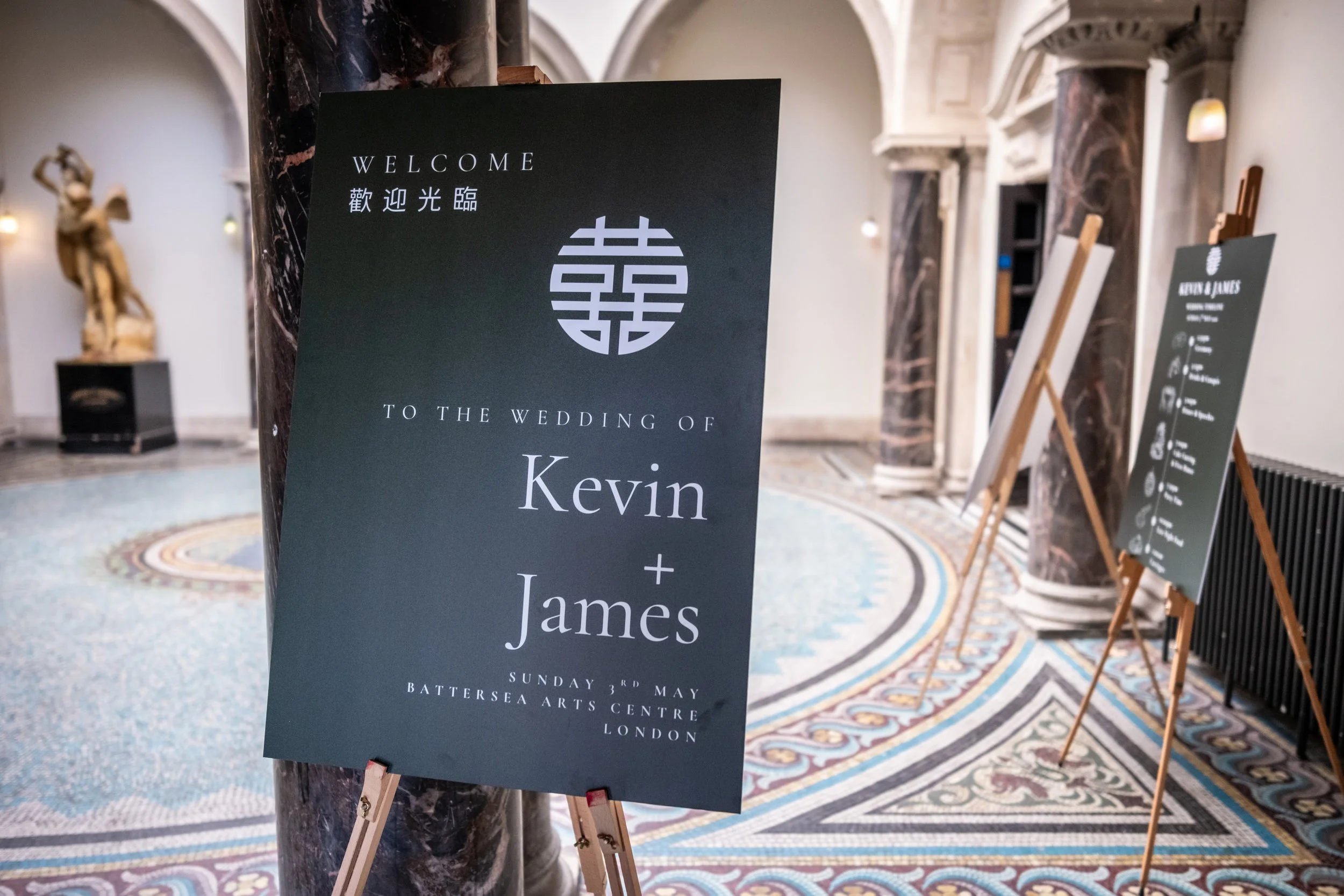 A sign that says "Welcome to the wedding of Kevin + James". This sign again has the Chinese character for double happiness, and also the Chinese translation of "Welcome".