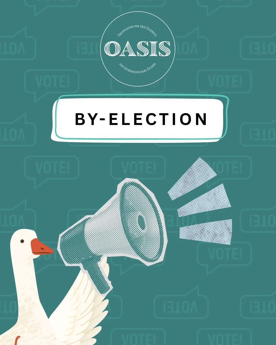 Hello everyone! OASIS is looking for a new vice president of finance for the year, as well as two councillors (1 fine arts and 1 interdisciplinary). You have to be an undergraduate student in the arts and councillors must be in their respective disci