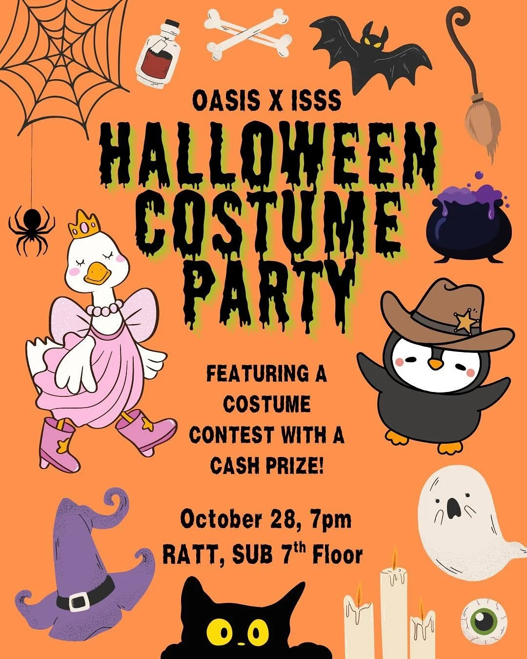 Hello everyone! It’s spooky season~! And what’s a halloween without a costume party? 
In collaboration with our lovely friends @isss_ualberta we have a party being hosted at RATT in SUB October 28th, at 7 PM!
And yes you heard (saw) tha