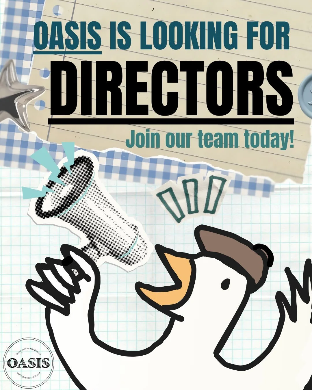 ‼️CURRENT OPPORTUNITY‼️
🩵OASIS is looking for directors for the upcoming year!🩵Directors assist the executives with their portfolios and there are a variety of roles! 
Time commitment is around 2/4 hours per week. 

To learn more or apply visit the