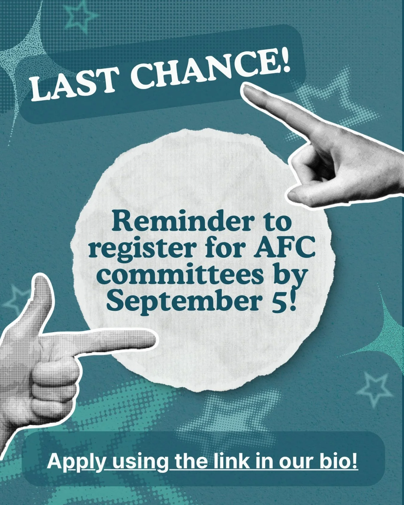 👉The deadline is approaching❗️
Apply for AFC &amp; its standing committees by Saturday September 5th! These committees are a great way for students to get involved!

To learn more about the individual committees please visit our website linked in bi