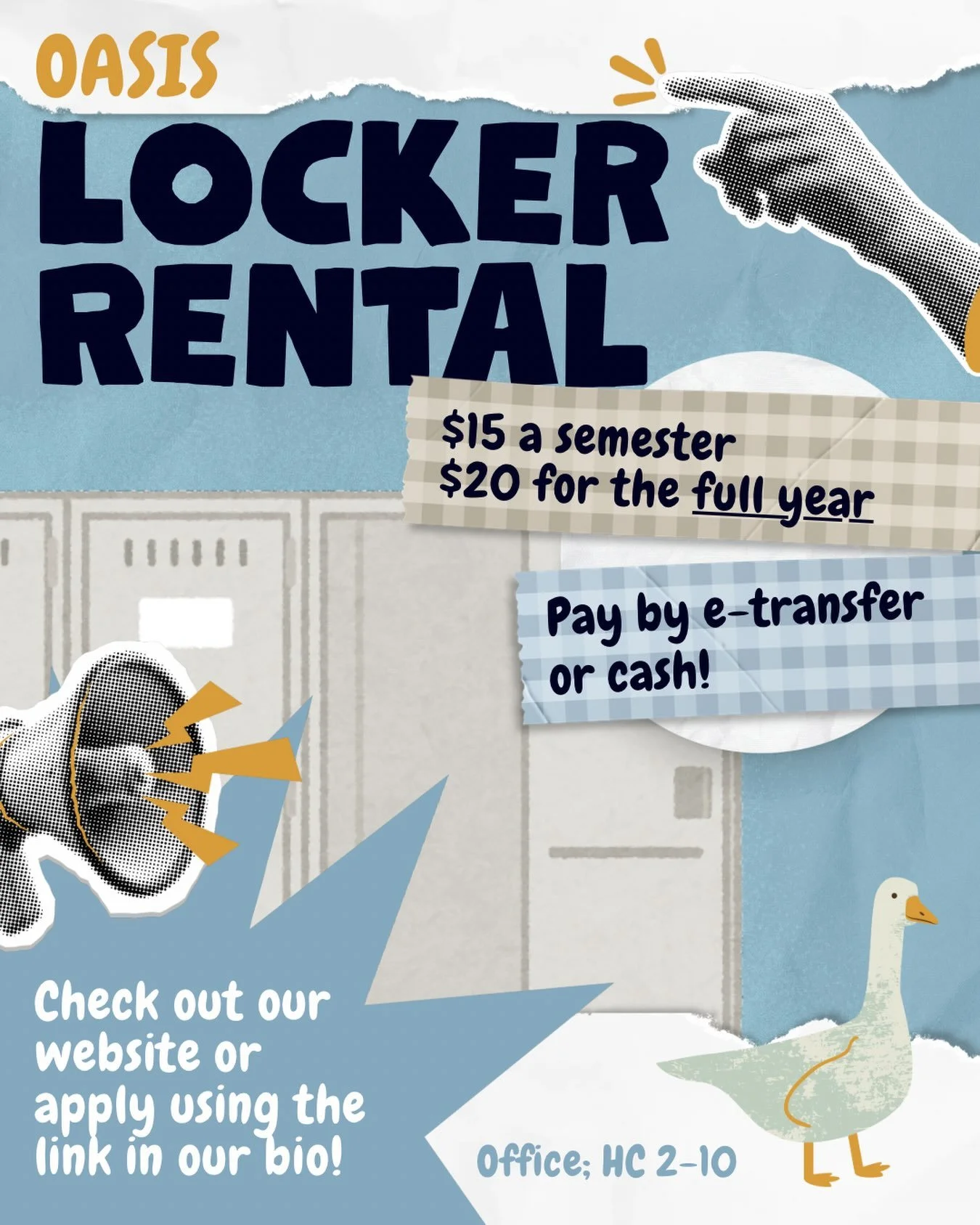 📚🎒Need a place to put your stuff? Locker rentals are NOW OPEN ‼️
For $15 a semester or $20 for both fall and winter terms you can rent a locker in Tory Basement, Rutherford Library, or the Humanities Center!

Apply through the link 🔗 in our bio or