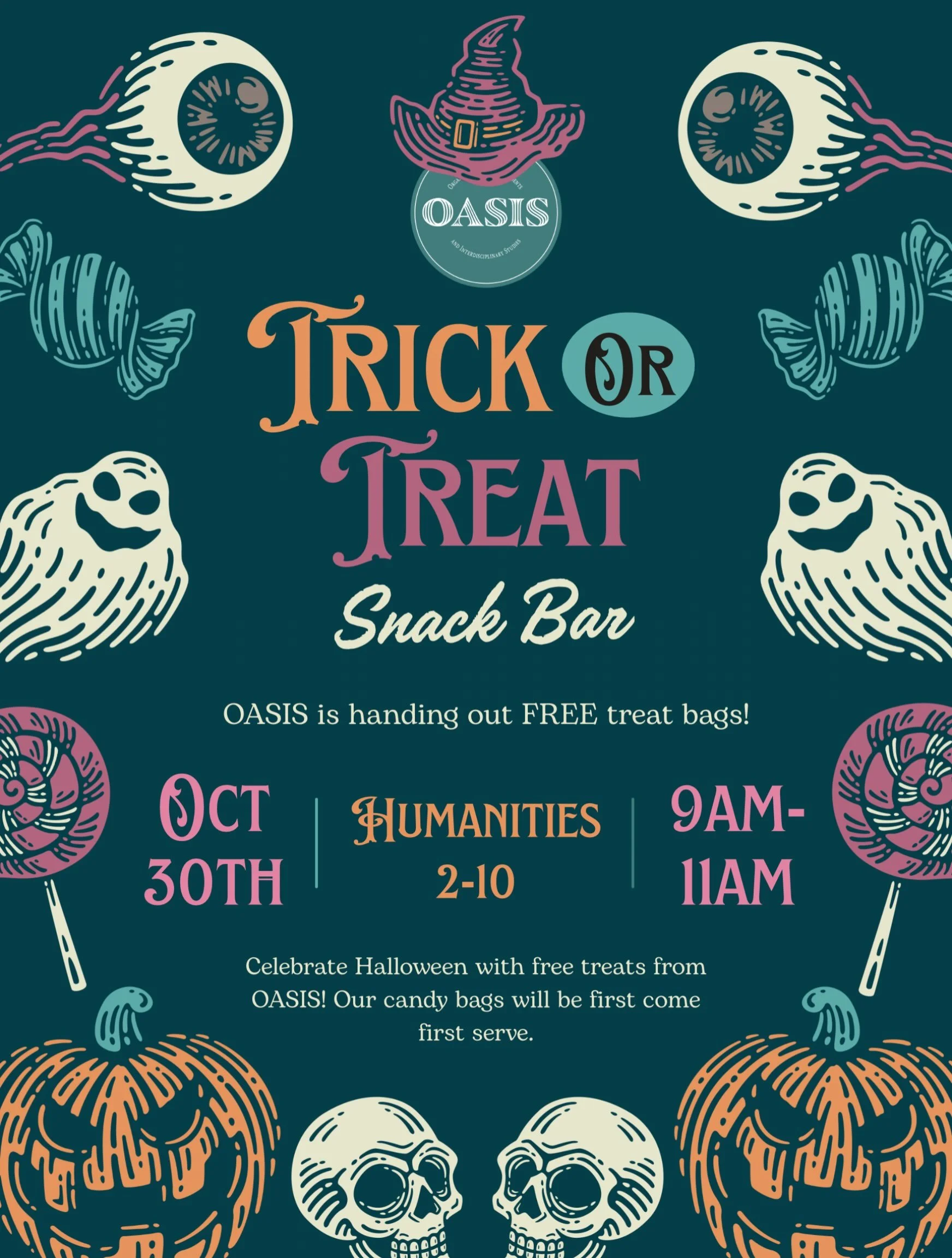 🍪🍬 Stop by our Trick or Treat Bar tomorrow from 9-11am! We&rsquo;ll be giving out FREE Treat bags outside of the OASIS office in Humanities 🍭🍫
