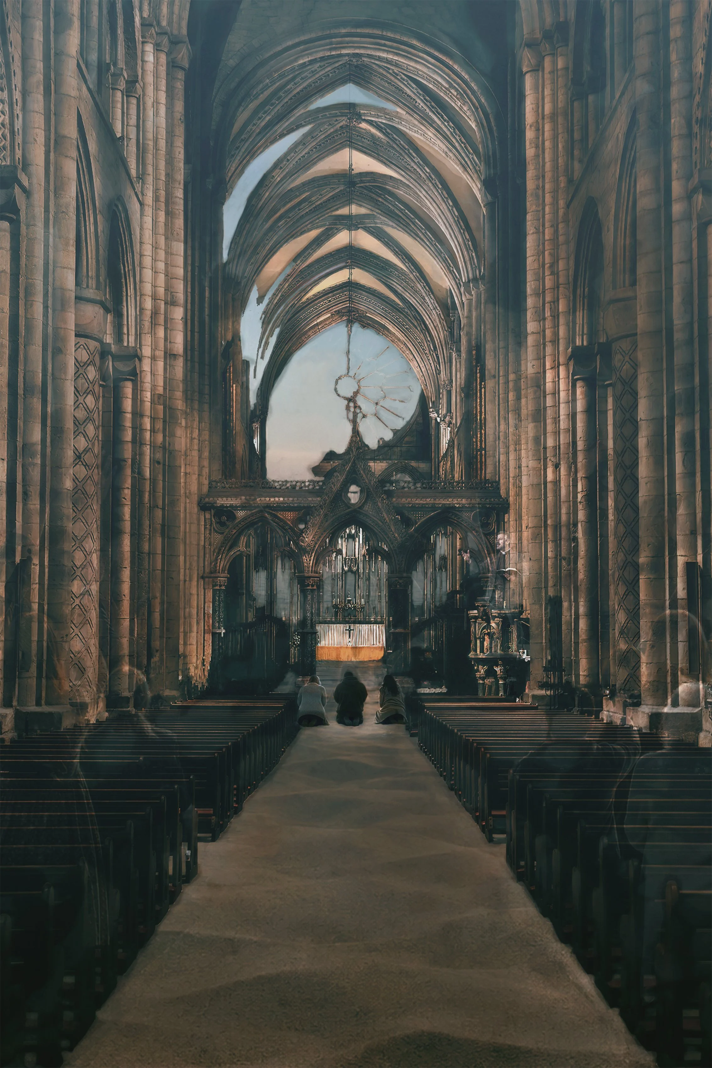 Faith: Faith persists even as the cathedral crumbles and sand fills the isles; people gather to pray, much as they have in years past.