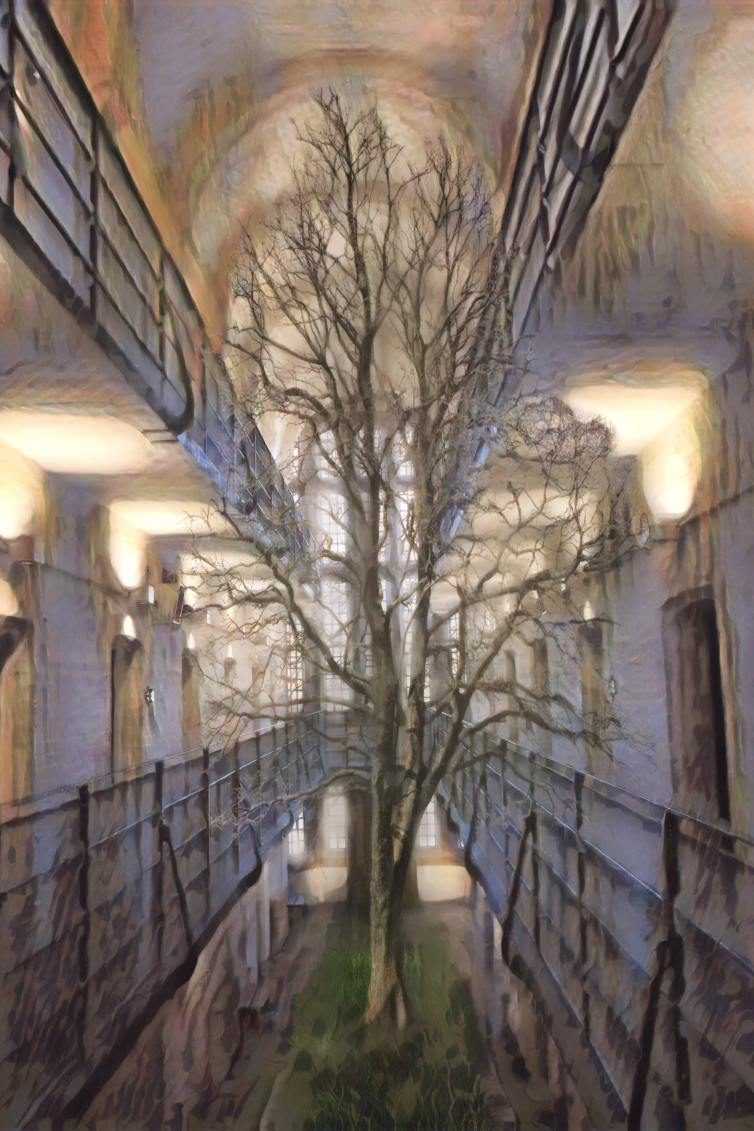 Roots in unlikely places: a tree in a prison wing represents a powerful truth. Even if it has barely any leaves, progress, hope, and new life can still be found within these walls.
