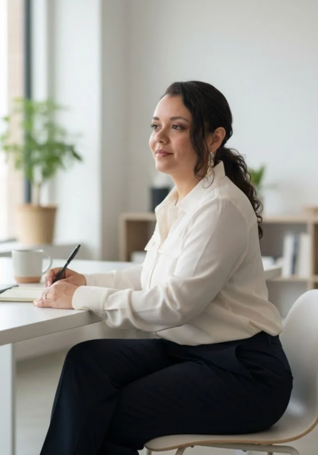 Karina writing at her desk — brand and Squarespace website designer