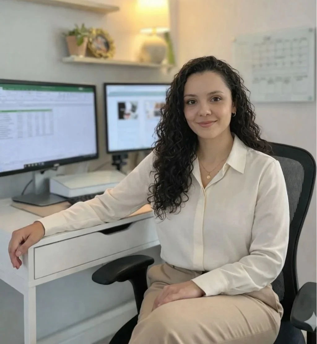 Karina at desk — brand and Squarespace website designer