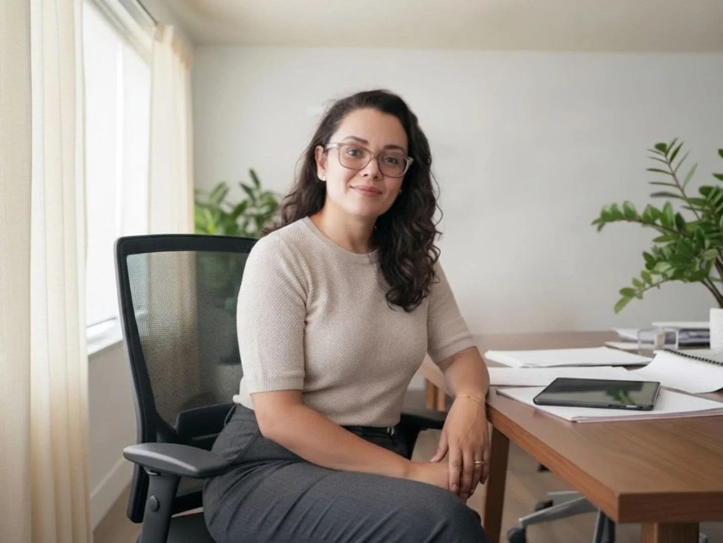A woman with dark curly hair and glasses sitting at a wooden desk in a bright office with plants and papers, looking at the camera.