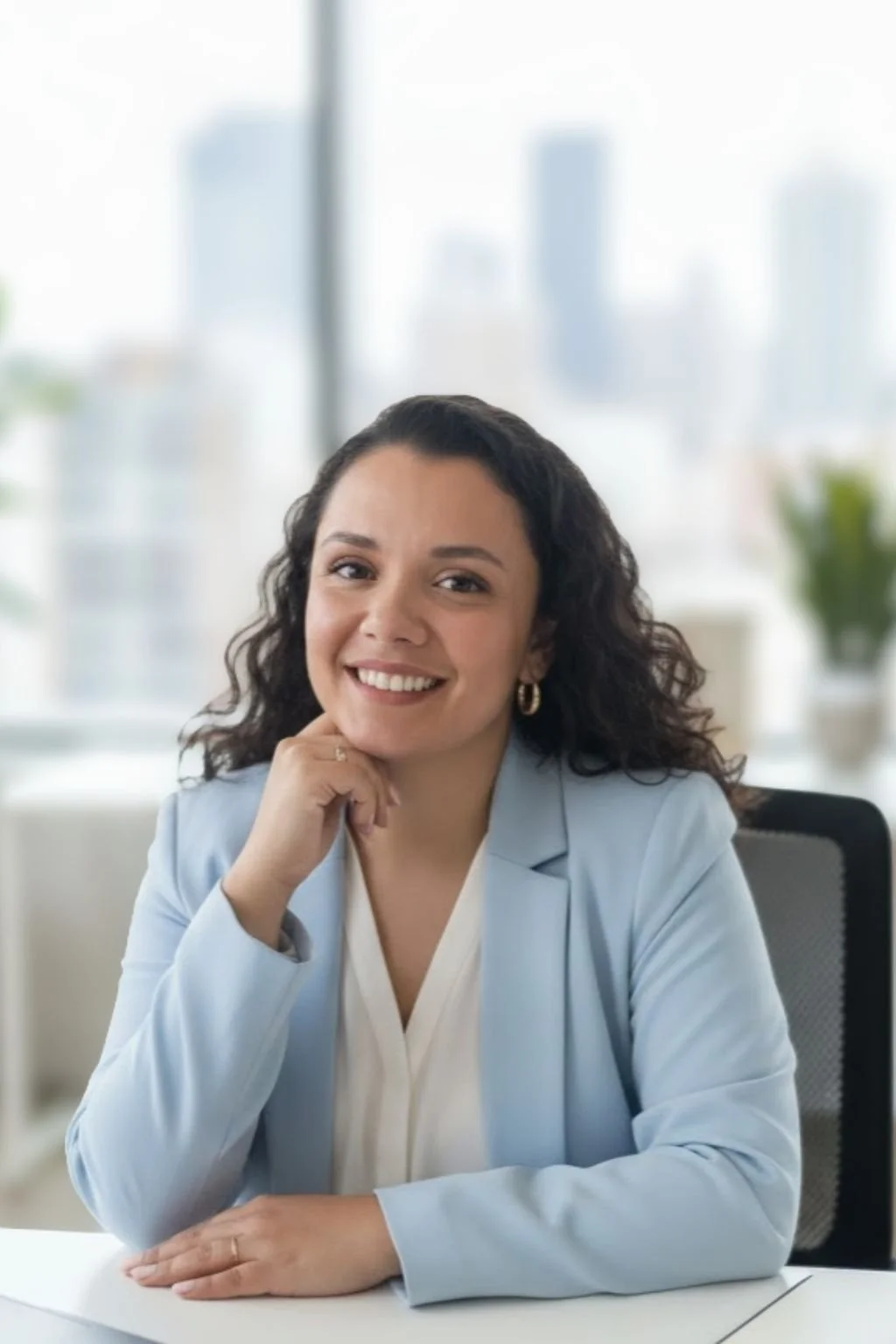 Karina Cuadra Founder Karina's Design Corner wearing a light blue blazer, sitting at a desk in an office with a cityscape window in the background.