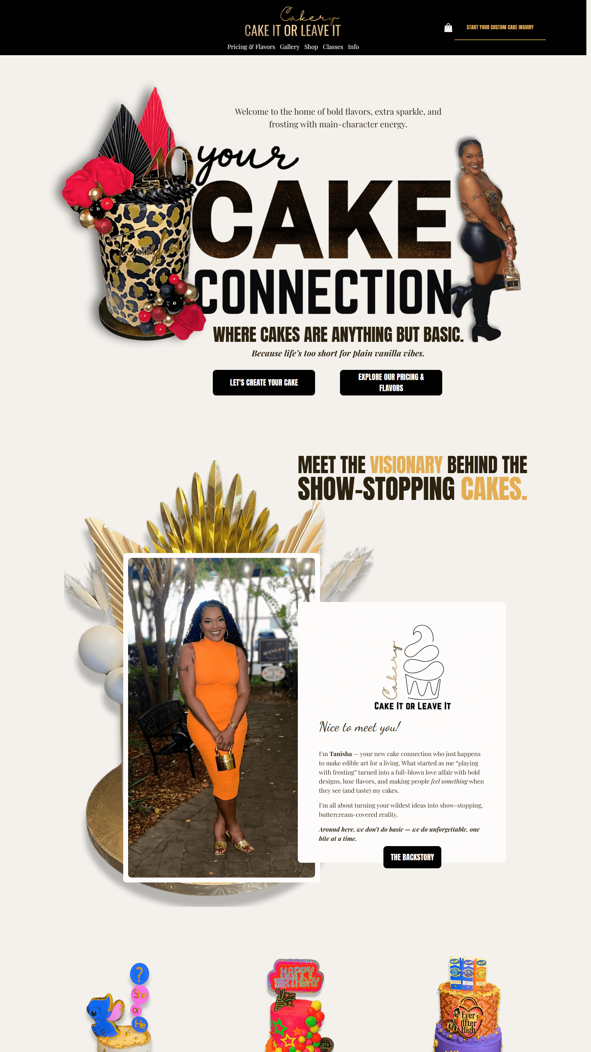 Website homepage for Cake It Or Leave It, a custom cake shop. Features a leopard print cake with flowers and berries, and a woman in a bright orange dress holding a cake. The site promotes bold flavors and creative cake designs.