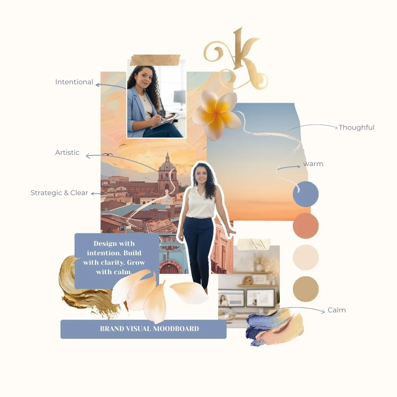 Karinas Design Corner Visual mood board features a floral accent, brush strokes, and a blue box with the text 'Design with intention. Build with clarity. Grow with calm.'