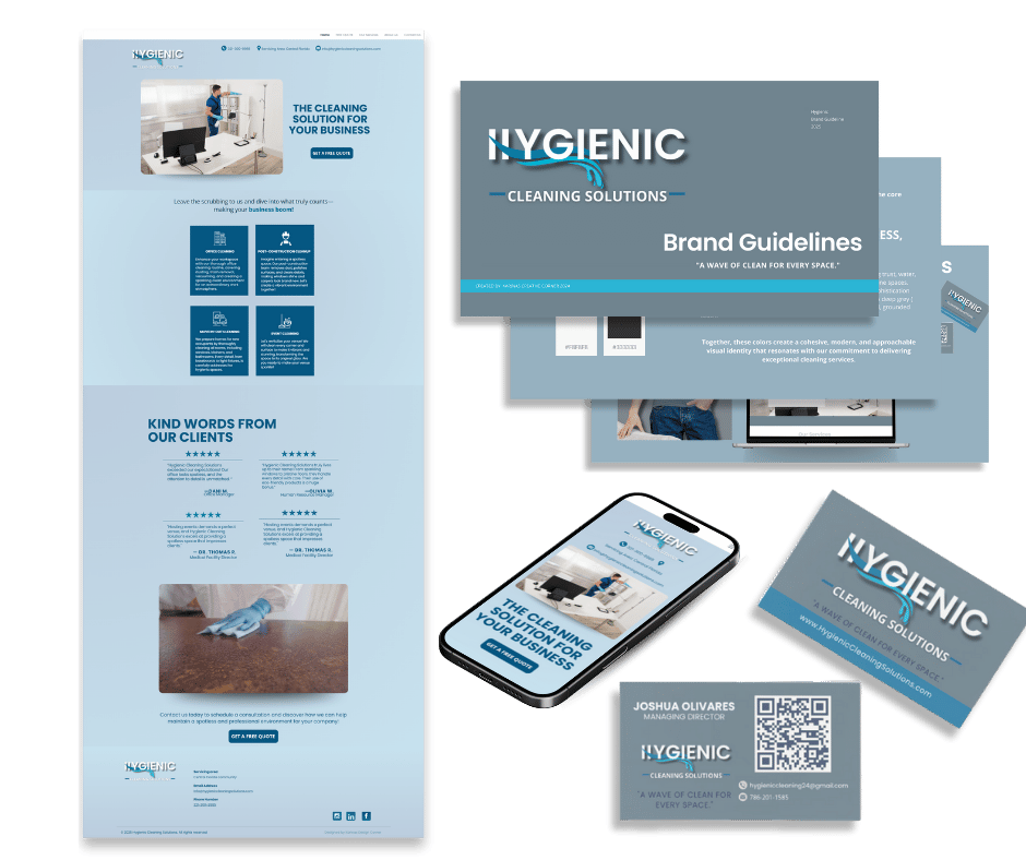 Visual branding materials for Hygienic Cleaning Solutions, including a website display, a brand guidelines booklet, a smartphone showing the website, a tablet, and a business card with contact information and a QR code.