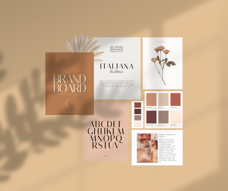 A brand board layout featuring color palettes, typography samples, and botanical illustrations on a beige background, with overlapping pages and shadow effects.