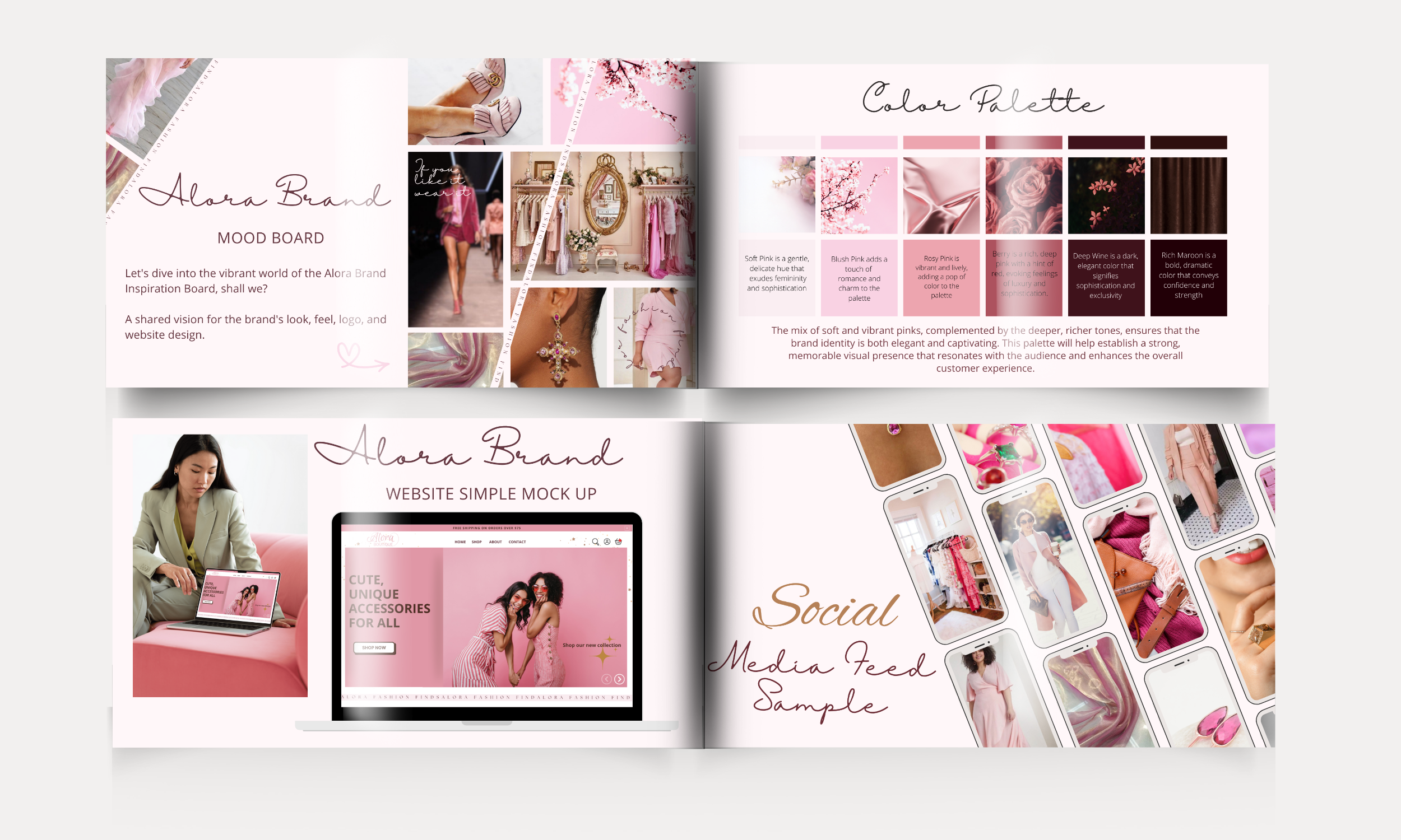 A colorful, multi-page layout showcasing a fashion brand named Alora. The pages include a mood board with pink, brown, and beige color palettes, a website mockup featuring two women in pink outfits, and a social media feed sample displaying various fashion items, accessories, and photos of women wearing pink clothing.