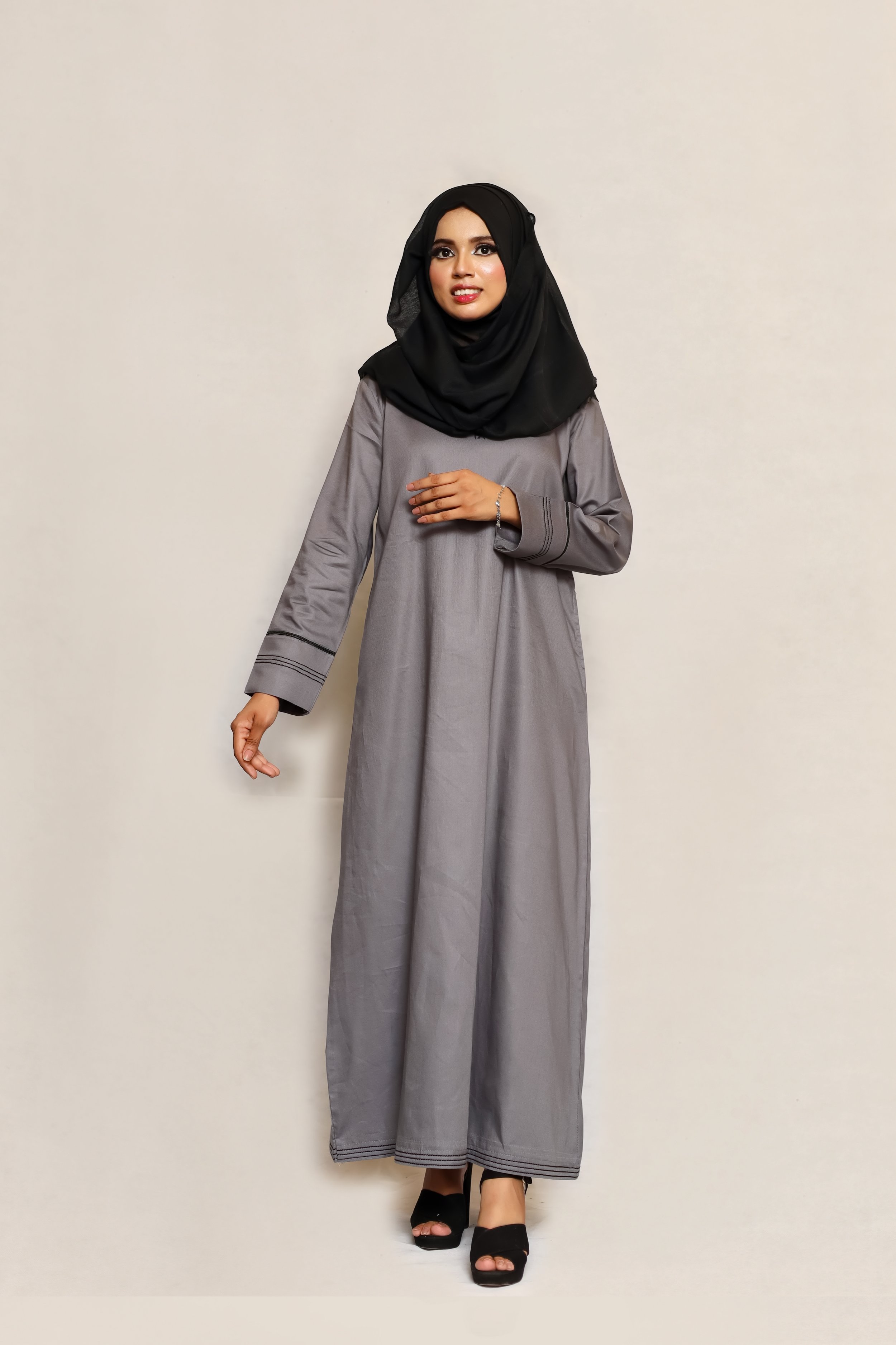 Embellished Premium Cotton Abaya - Stone Grey