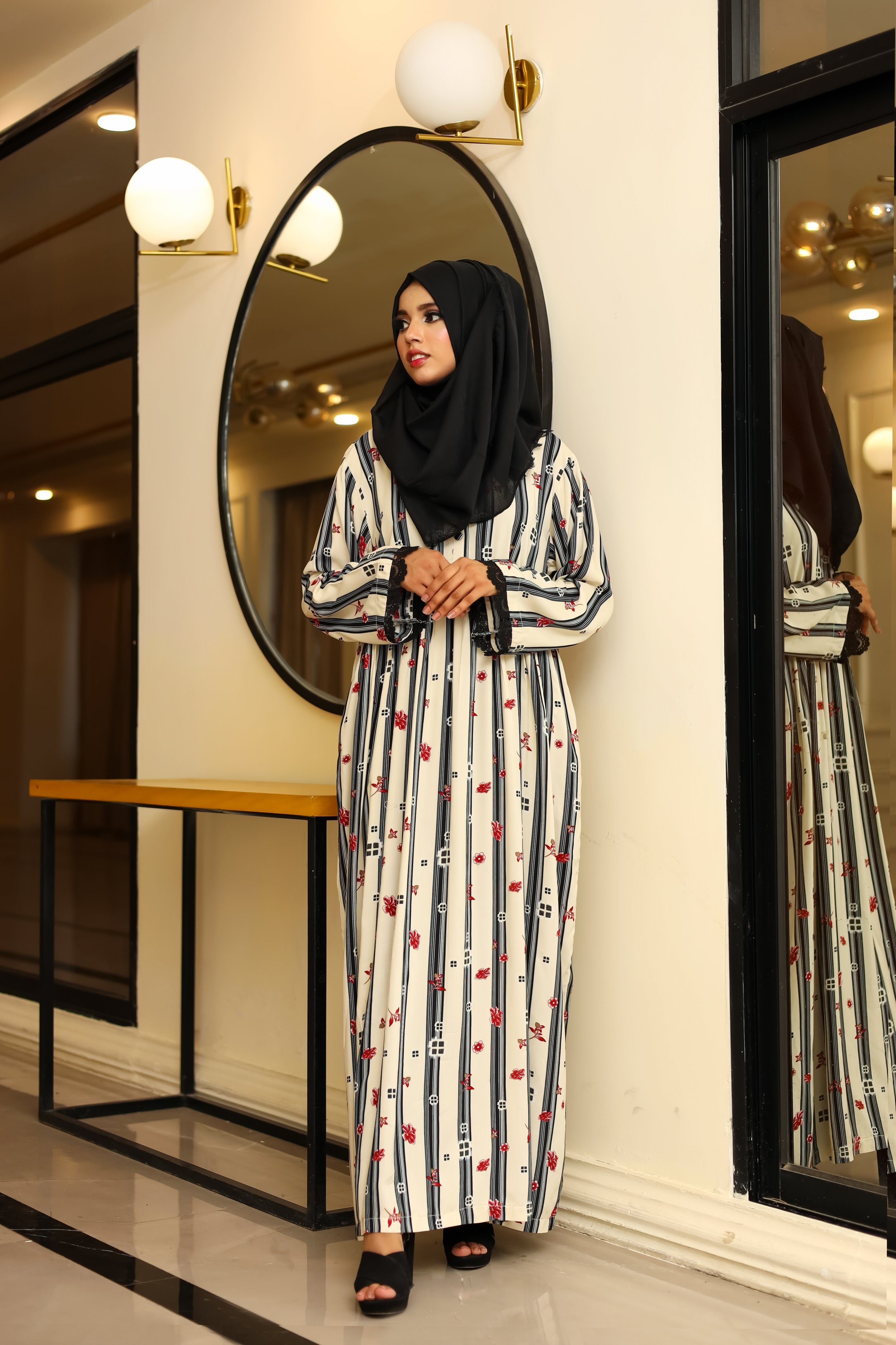 Printed Button-up Abaya - Black & White with Red Flowers