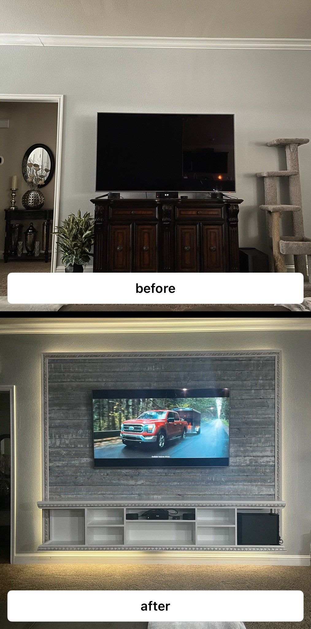 Comparison of two living room TV wall setups, with the 'before' showing a dark TV on a dark wood cabinet, and the 'after' displaying a TV mounted on a decorative light-colored wall with an ornate frame, surrounding a built-in white entertainment cent