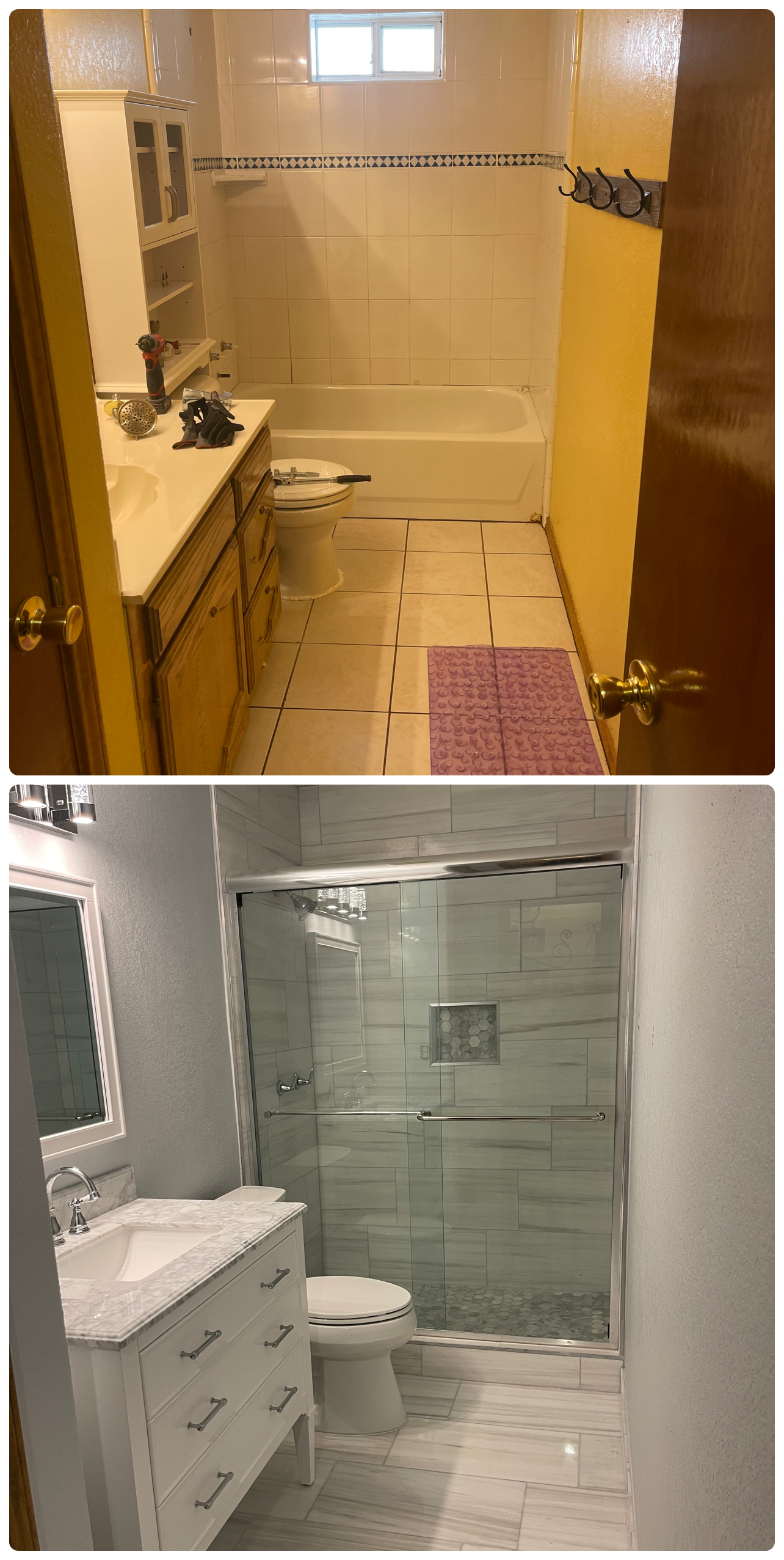 Before and after of a bathroom renovation. The top image shows an older, basic bathroom with a bathtub, tile walls, a wooden vanity with a sink, and a pink bath mat. The bottom image displays a modern, updated bathroom with a glass shower, white vani