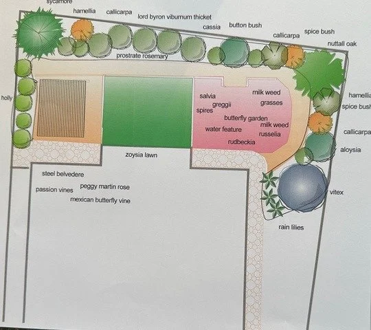 landscape plan: butterfly garden, steel belvedere, Zoysia lawn and native screening shrubs