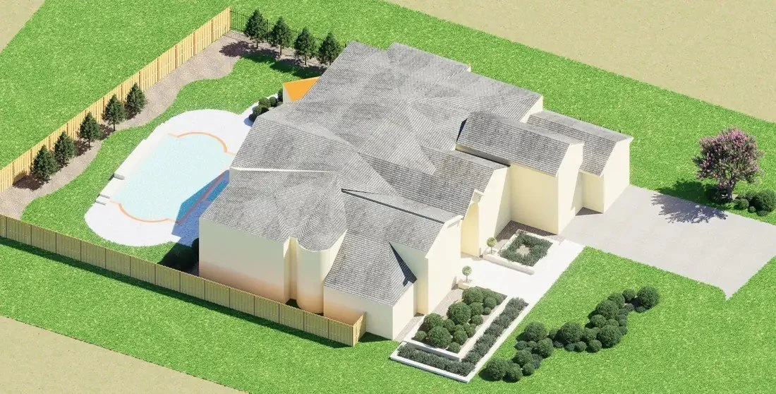 Aerial 3D site plan of the Willowcrest Place property in Cochran's Crossing, used for the RDRC variance, showing the pool, privacy trees, front entry beds and lawn islands
