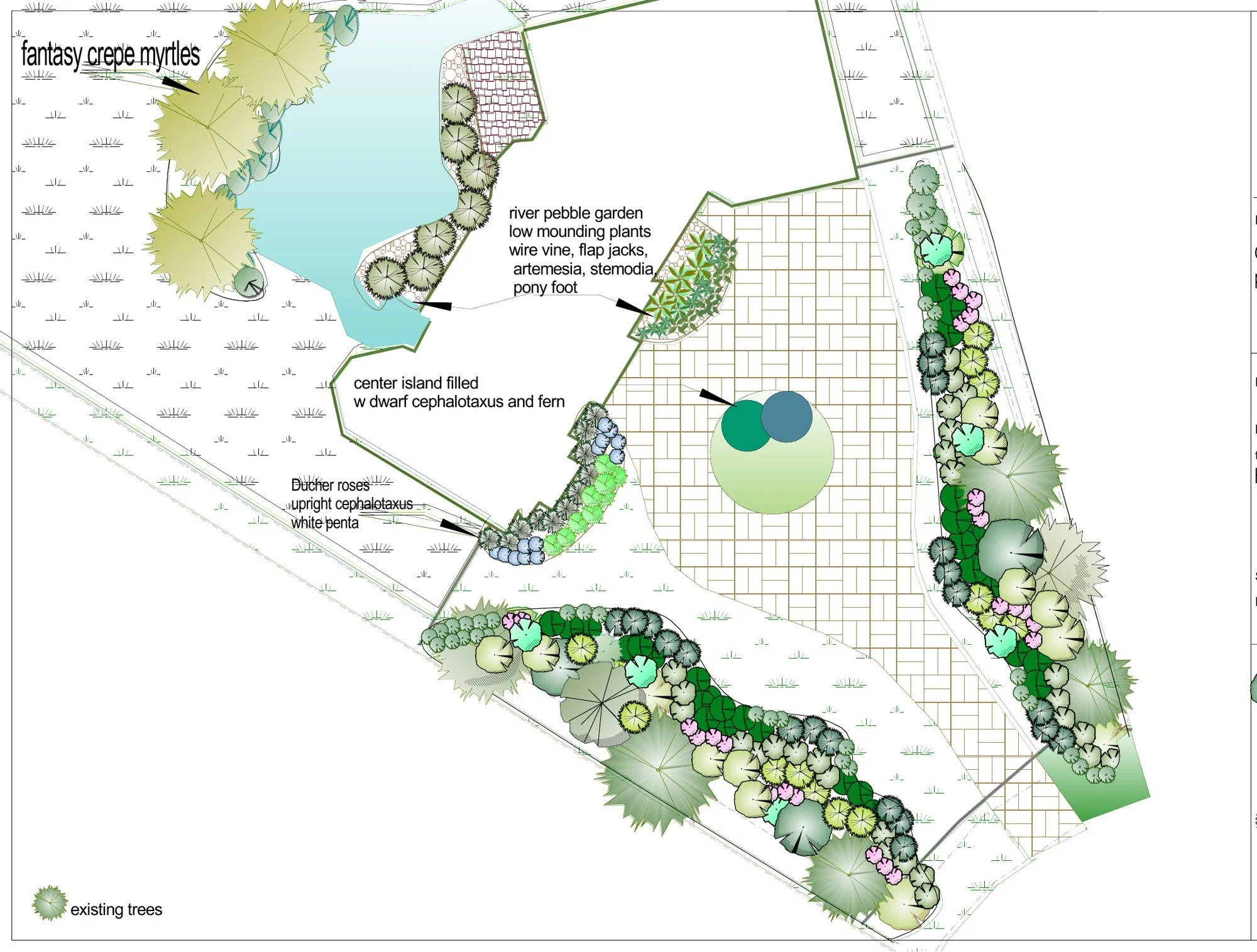 The landscape plan: river pebble garden, shade beds and the walkway