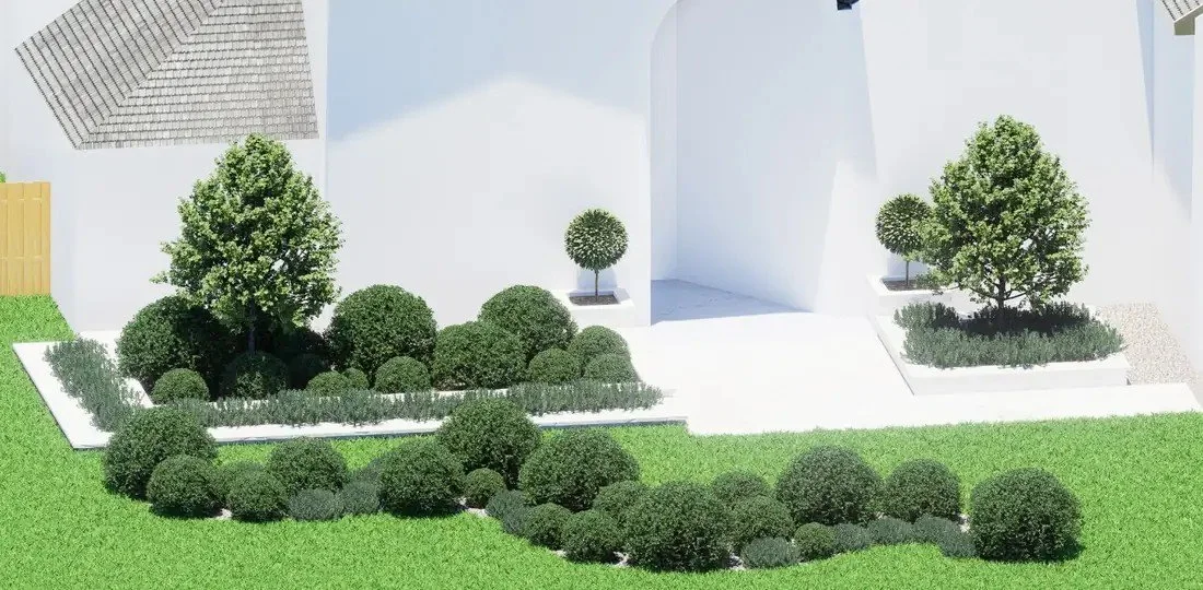 3D render of the front yard with stucco raised beds, clipped globes and topiary at the entry, Willowcrest Place, Cochran's Crossing, The Woodlands TX