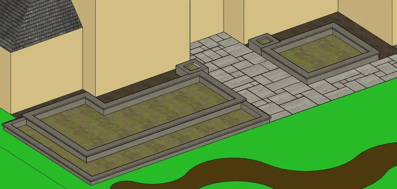 3D layout of the new front entry walk in rectangular porcelain tile between two raised planting beds, drawn for the RDRC variance, Cochran's Crossing, The Woodlands TX