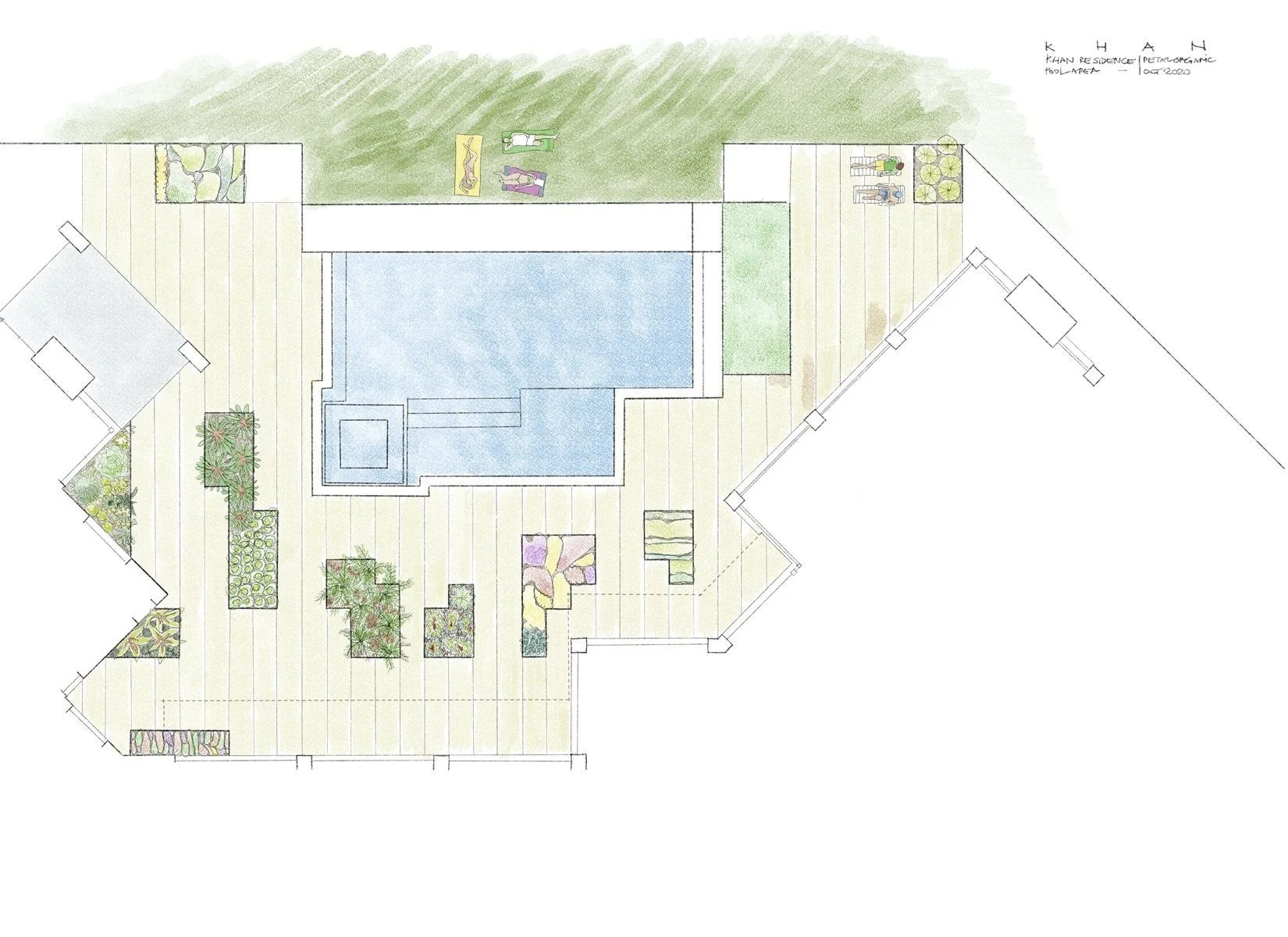 Hand-drawn plan for the pool and courtyard