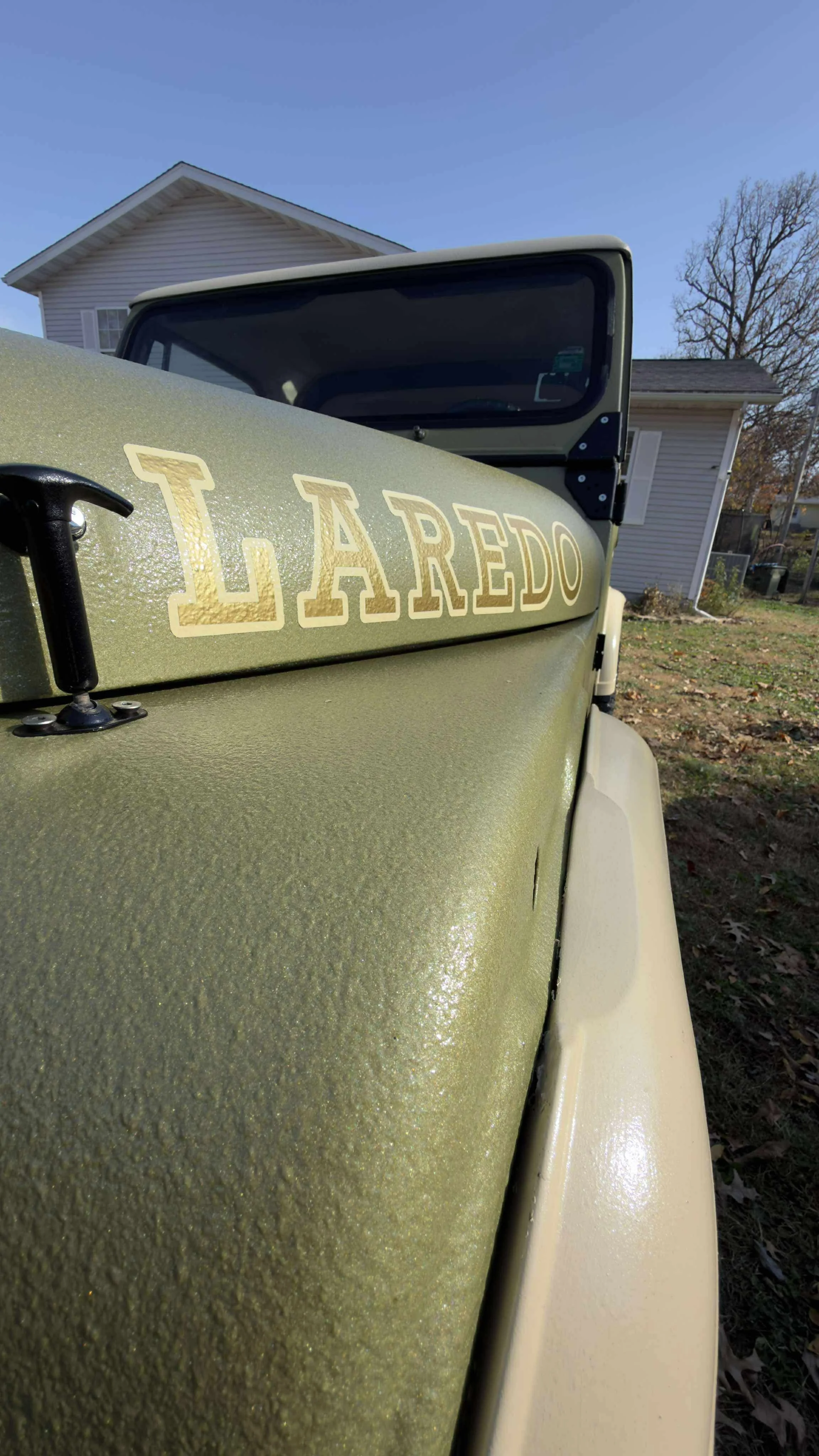 Close-up of an old truck with a green and beige paint job, bearing the word "LAREDO" on its hood, parked outdoors with houses and a clear blue sky in the background.
