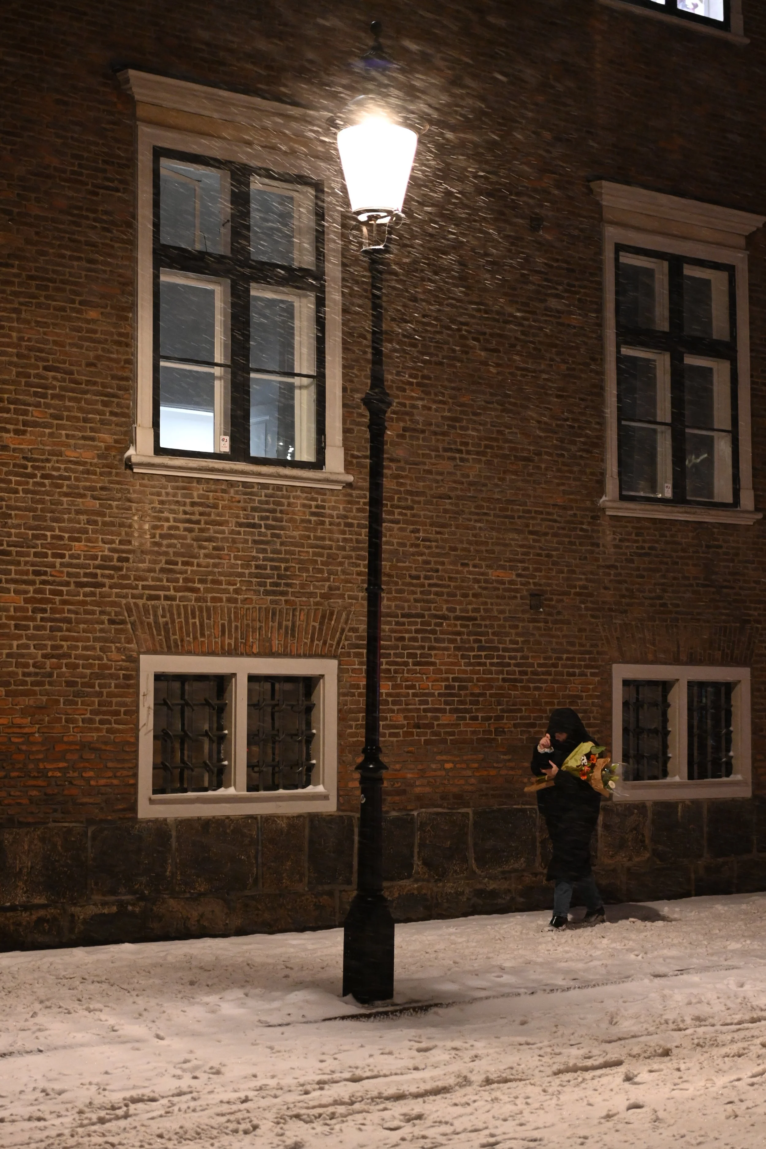 A person standing on a snow-covered sidewalk holding a bouquet of flowers and talking on the phone next to a streetlamp outside a brick building at night.