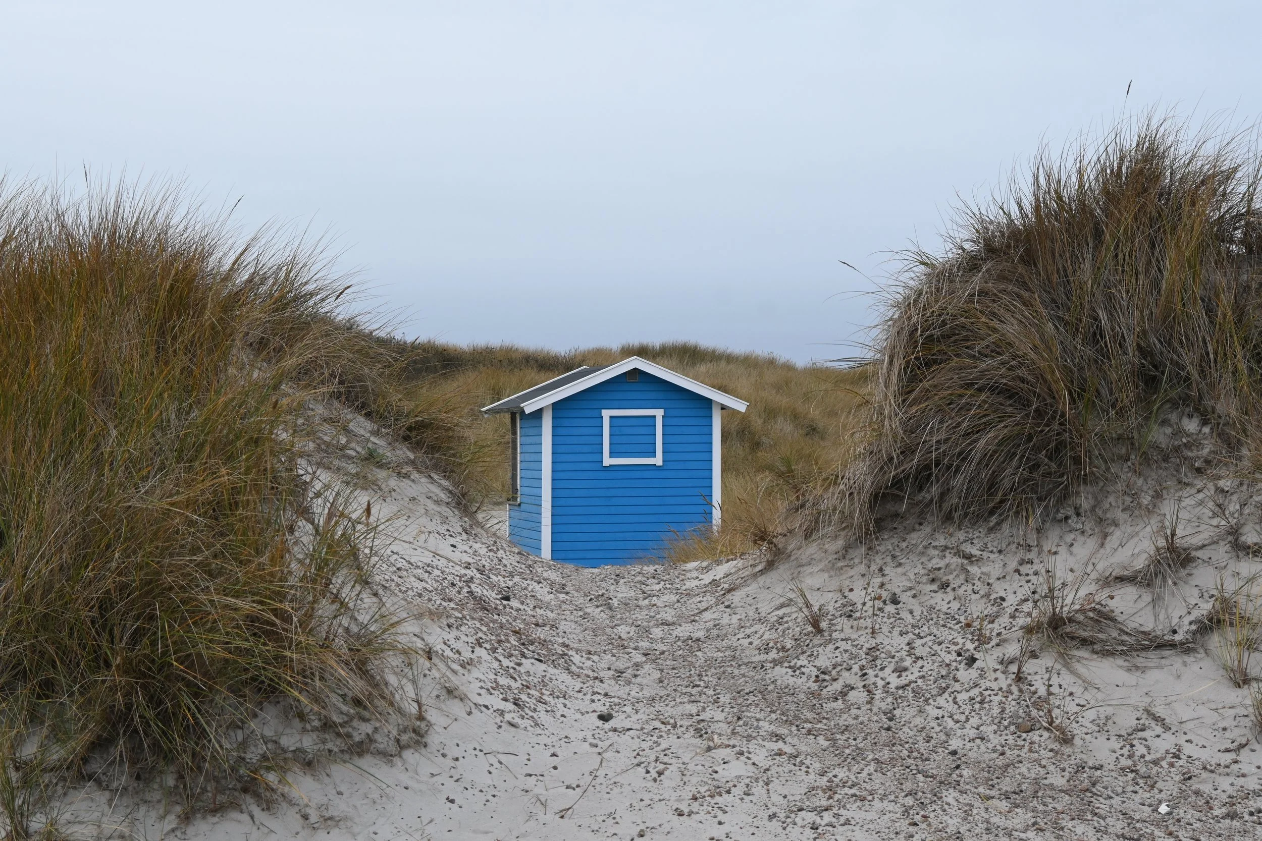 A small blue beach house with white trim, viewed between sandy dunes with tall grass in a coastal landscape.