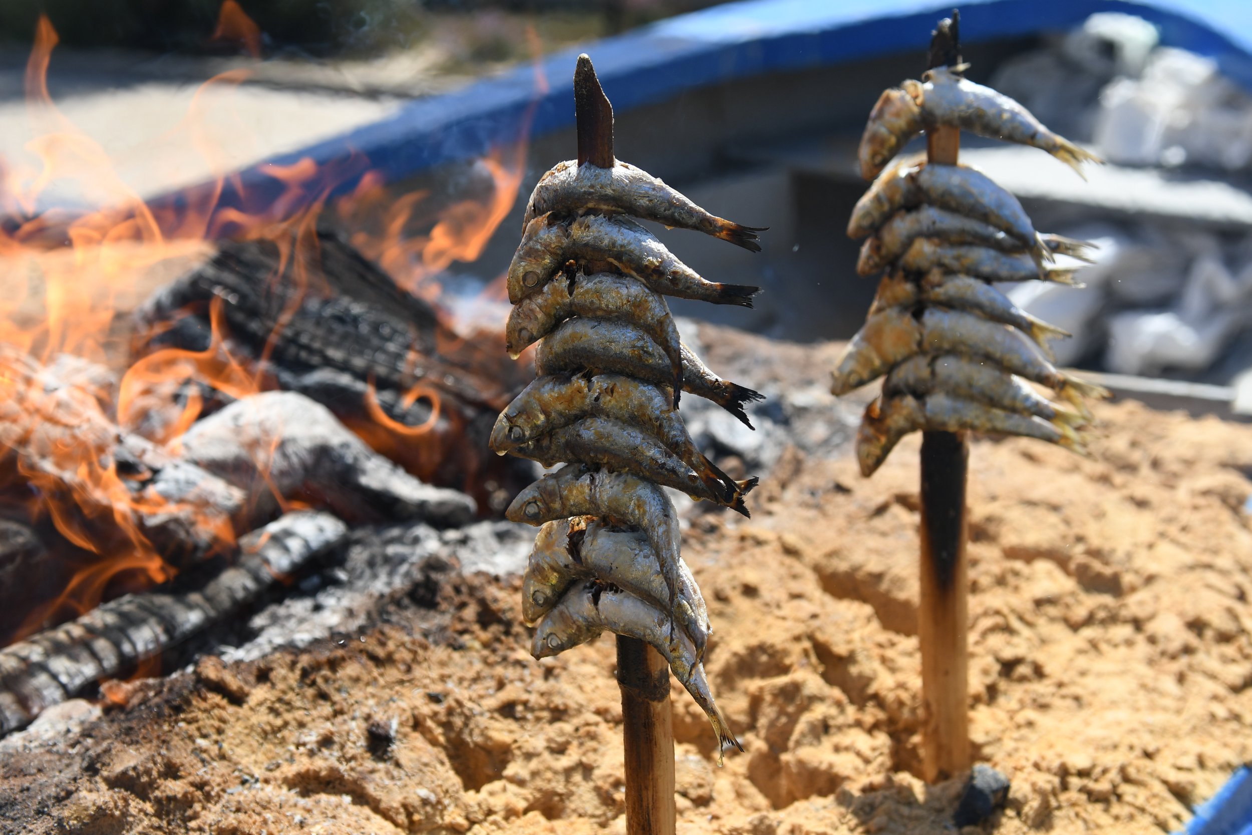 Skewers of small fish cooking over an open flame on a sandy surface.