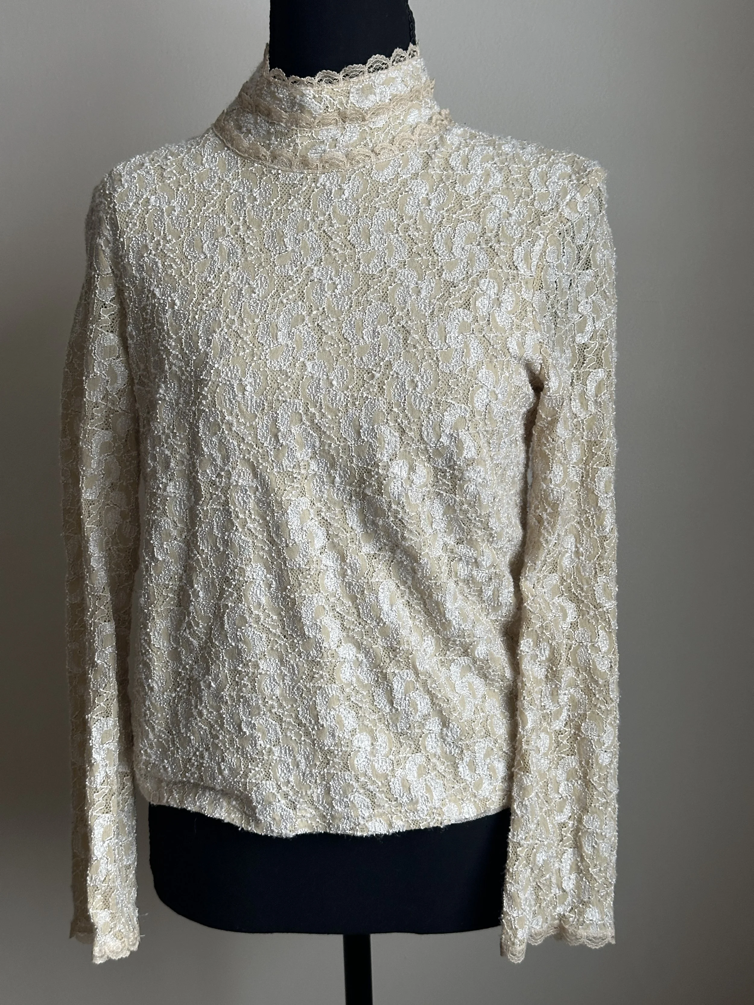 Beige and White Lace Mock Neck
