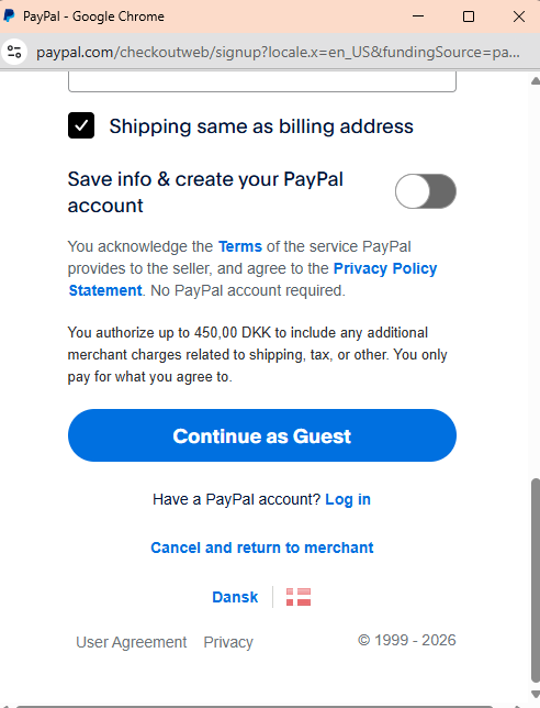 PayPal checkout page with options to save info, create account, and log in, featuring a blue 'Continue as Guest' button.