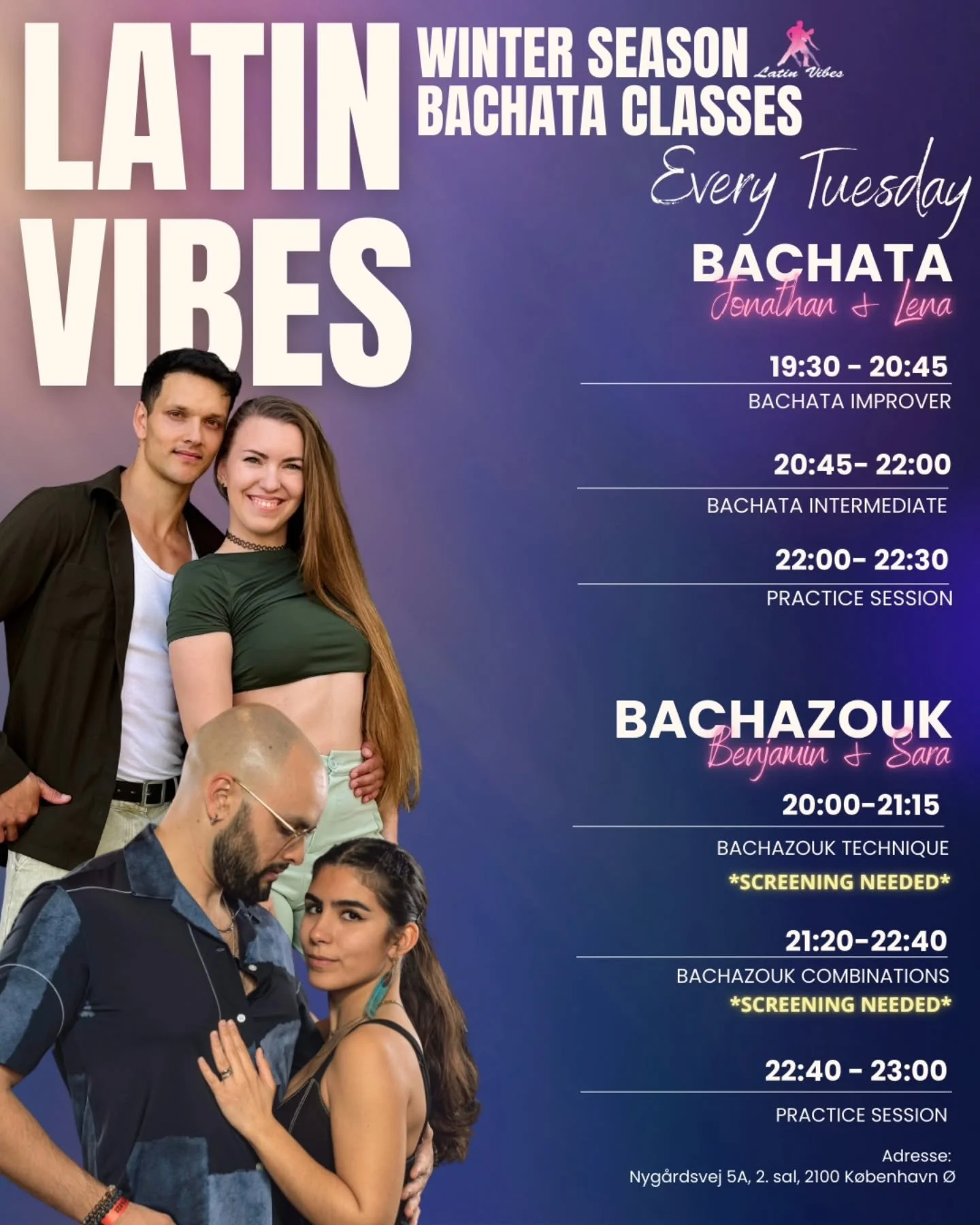 WINTER SEASON☃️❄️
Starting October 28th until the 16th of December. 

Sign up for weekly classes with Latin Vibes! 💜

 (Note: There is a couples and student discount) 

We offer Bachata Improver &amp; Intermediate with Lena and Jonathan AND our new 