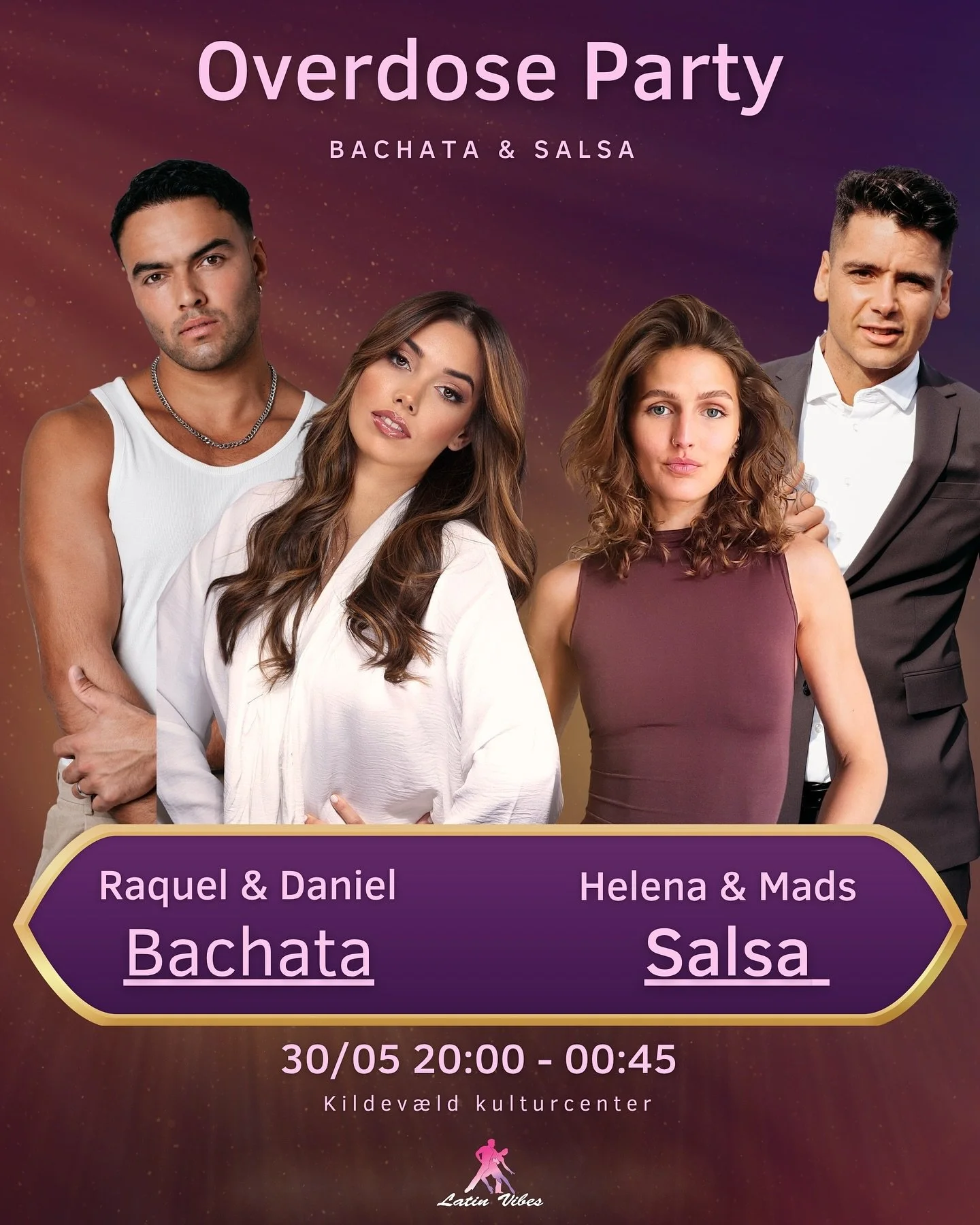 Its on friday 💥

Latin Vibes Overdose Party 🎉

20:00 - 21:00 Salsa workshop 
20:00 - 21:00 Bachata workshop

21:00 - 00:45 100 % Salsa Social 
21:00 - 00:45 100 % Bachata Social

Salsa teachers: @madspanik @helenalehn 
Bachata teachers: @danielsham