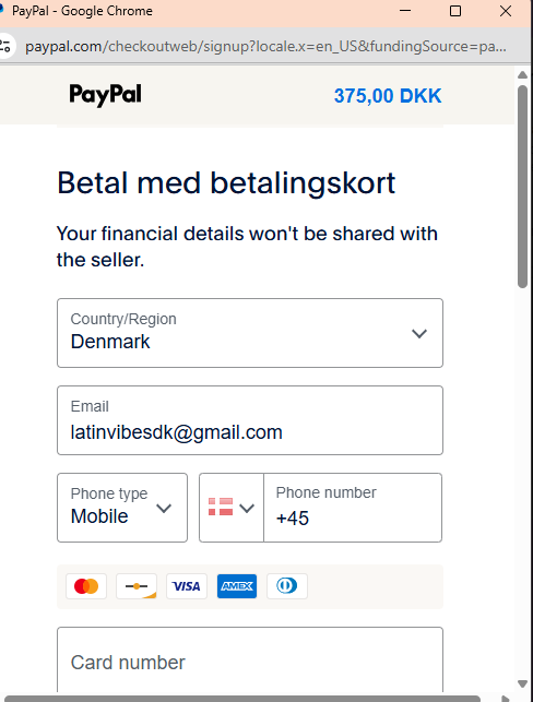 PayPal checkout page for a payment of 375 DKK with form fields for country, email, phone type, phone number, and card details.