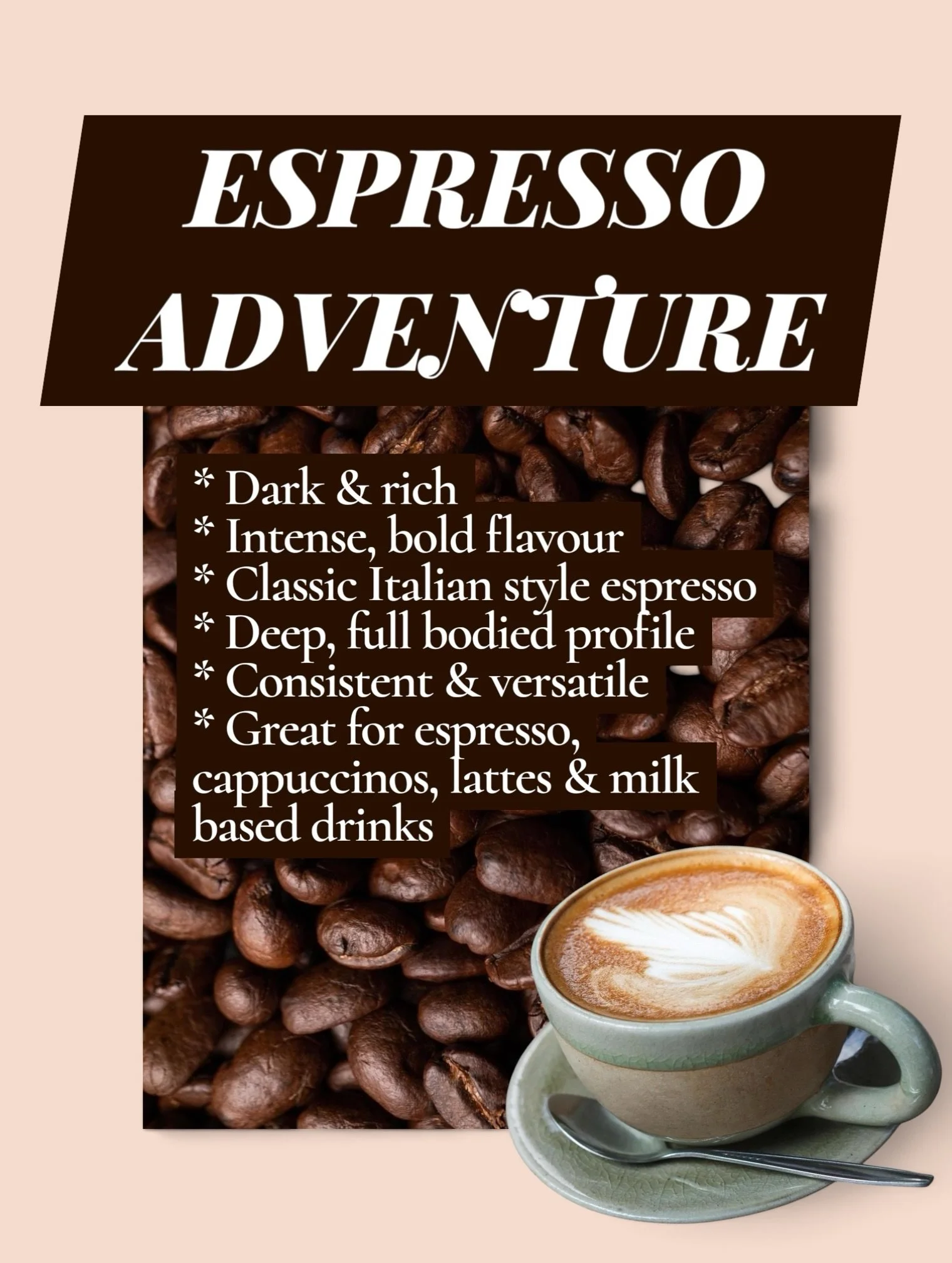 On the hunt for that classic Italian style coffee? 🇮🇹☕️ Our Espresso Adventure is back in stock, bringing a dark, rich blend with bold, intense flavour &amp; plenty of consistency.

It&rsquo;s delicious as a standalone espresso but also makes the p