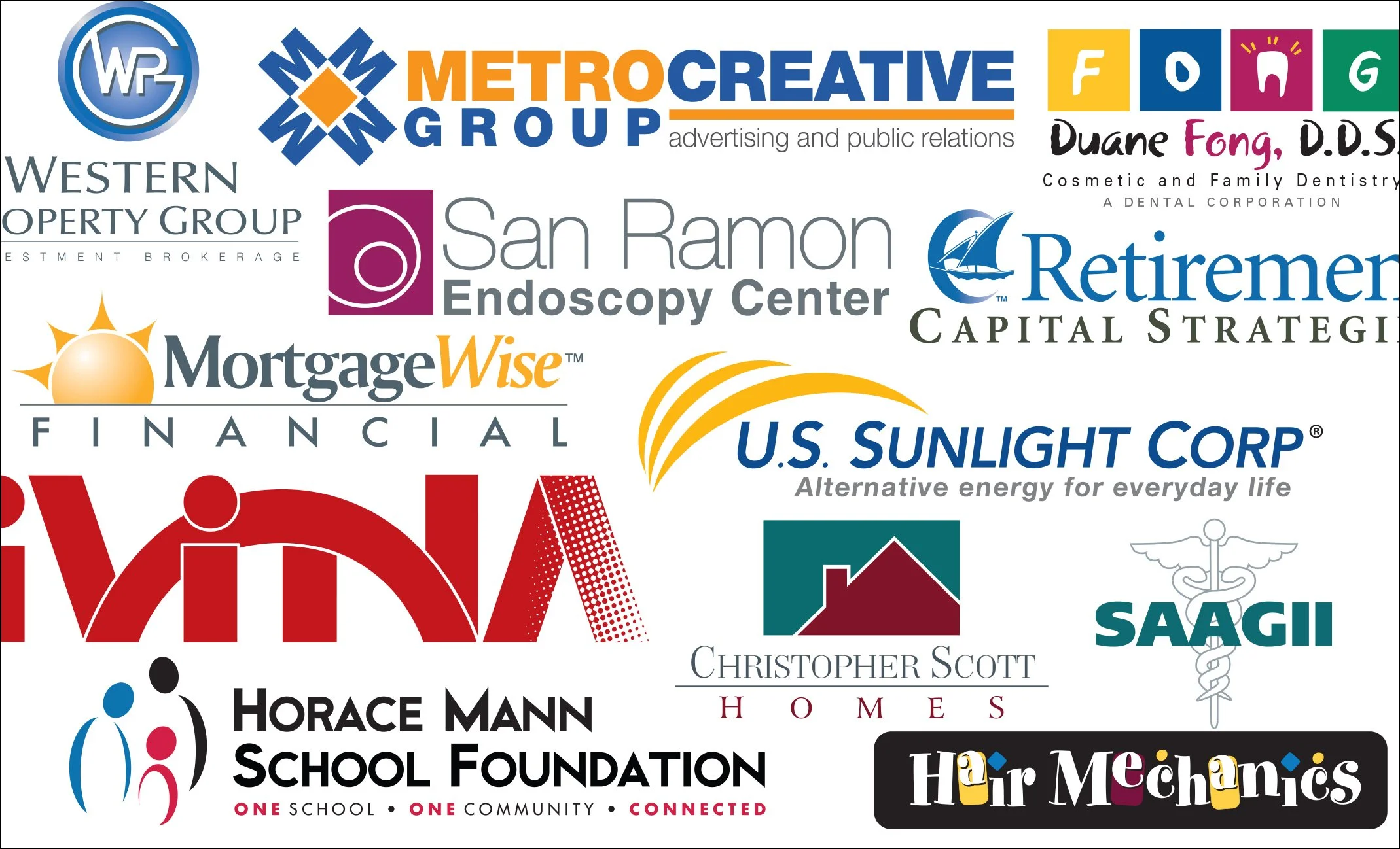 Collection of various business and organization logos including Western Property Group, Metro Creative Group, Duane Fong D.D.S, San Ramon Endoscopy Center, Retirement Capital Strategies, Mortgage Wise Financial, U.S. Sunlight Corp, Christopher Scott Homes, Saagii, Horace Mann School Foundation, Hair Mechanics, and others.