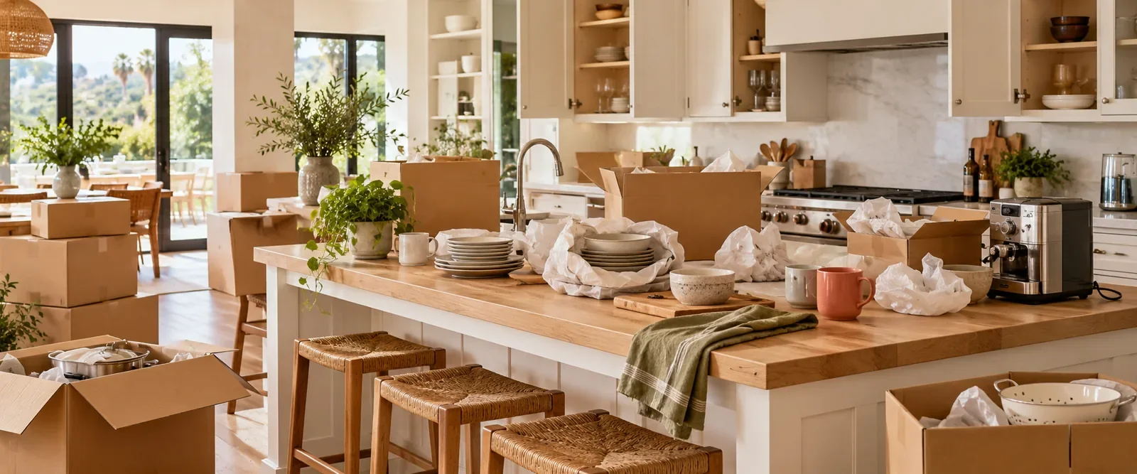 Illustrative kitchen during unpacking, with open moving boxes, dishes and packing paper waiting to be organized.