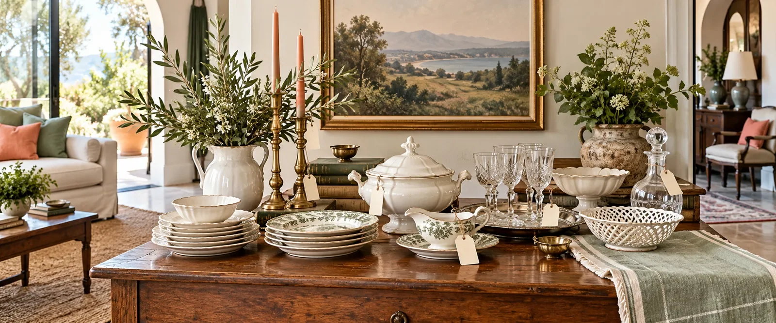 Vintage dishes and glassware carefully displayed with blank tags for estate sale preparation. Illustrative service image.