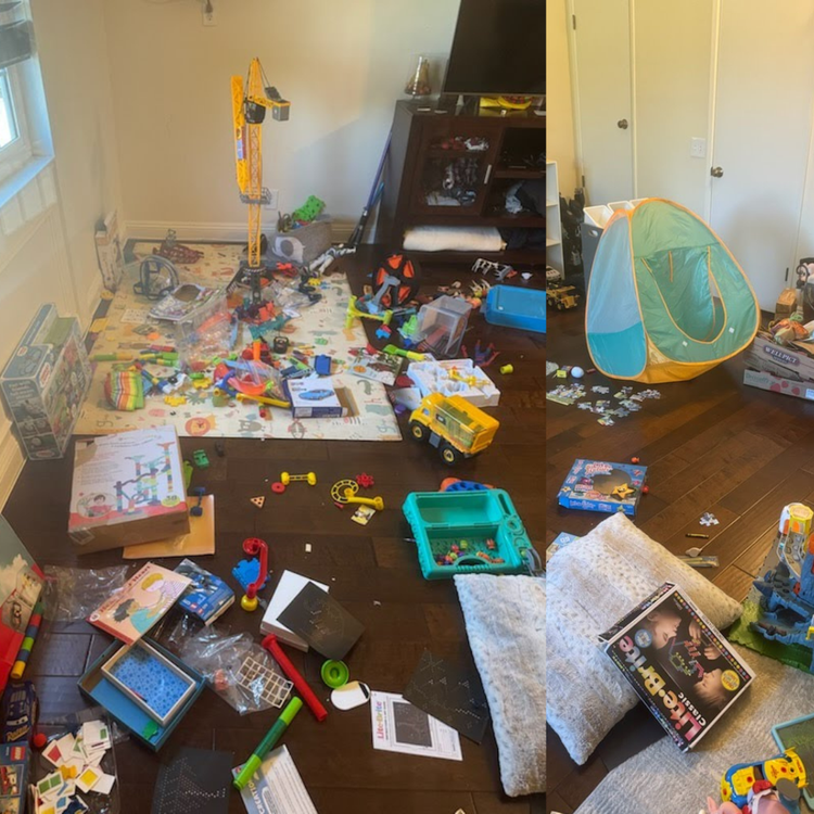 Before: shared guest room and playroom without a storage system.