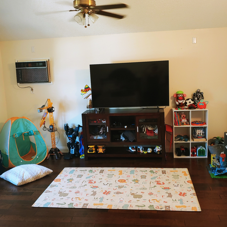 After: defined guest and play areas with storage for easier upkeep.