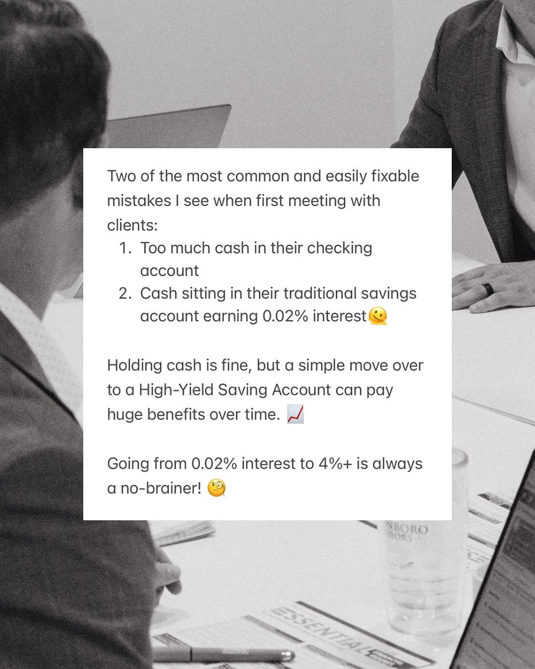 Move your cash to a HYSA! 🏃🏽💨
__
This adjustment will take all of 10 minutes of your day, but can really help to optimize your financial framework. 

For those that would like to see numbers: 
$20k savings at 0.02% = $4/yr 😑
$20k savings at 4.00%
