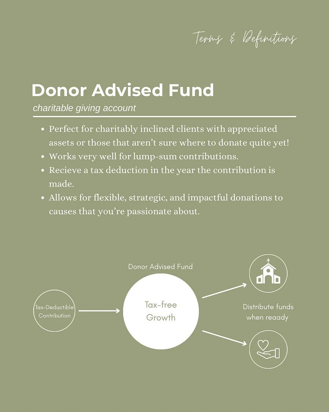 For charitably-inclined clients, a Donor-Advised Fund (DAF) can often be a great way to make impactful donations while also maximizing their tax efficiency!
__
A DAF allows: 
&bull; tax-deductible contributions 🤑
&bull; tax-free growth 📈
&bull; str